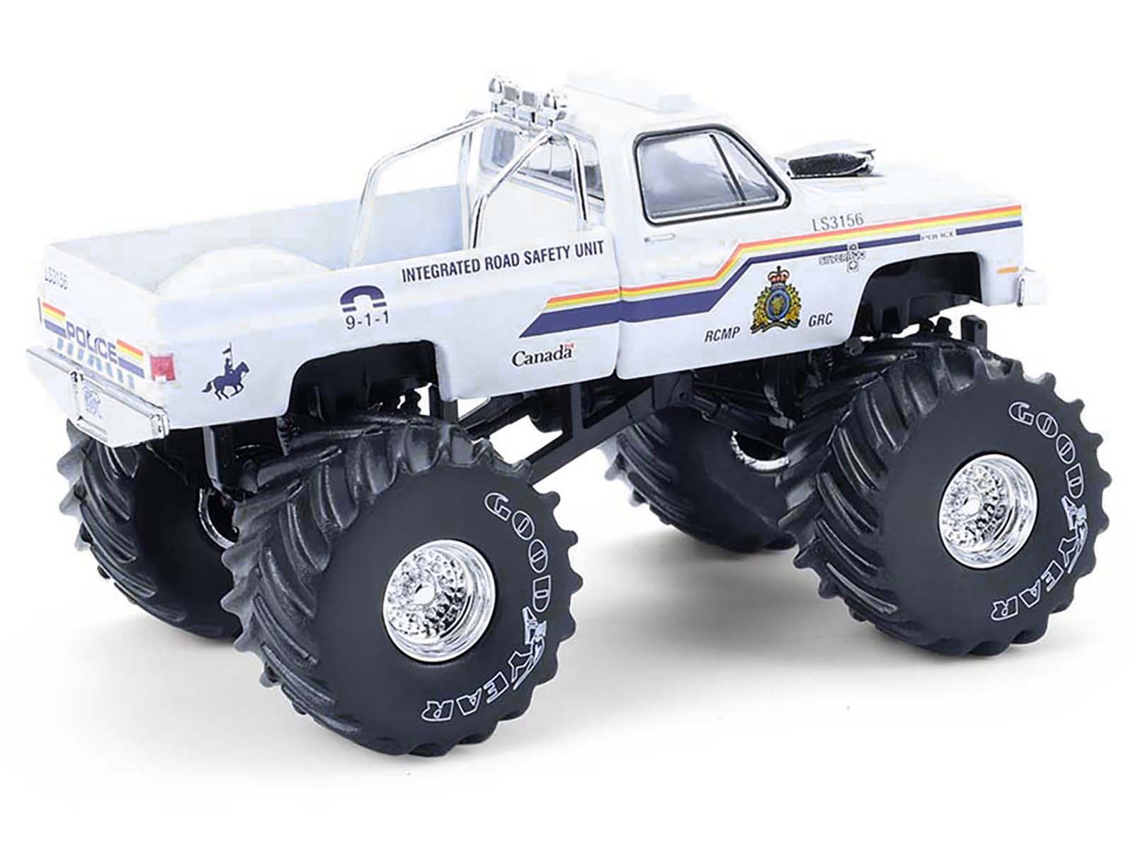 1986 Chevrolet Silverado Monster Truck "Royal Canadian Mounted Police" White with Stripes "Kings of Crunch - Hot Pursuit" Special Edition 1/64 Diecast Model Car by Greenlight - image 3