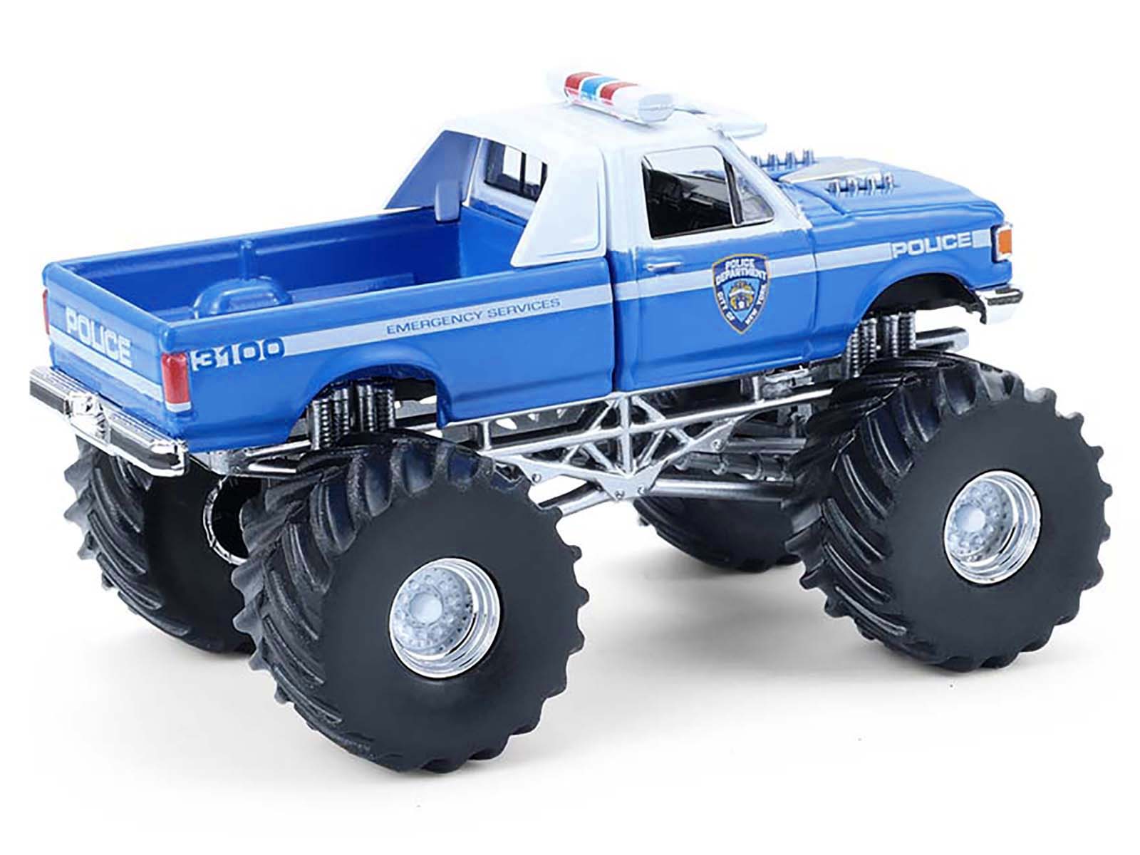 1990 Ford F-350 Monster Truck "NYPD (New York Police Department)" Blue with White Top "Kings of Crunch - Hot Pursuit" Special Edition 1/64 Diecast Model Car by Greenlight - image 3