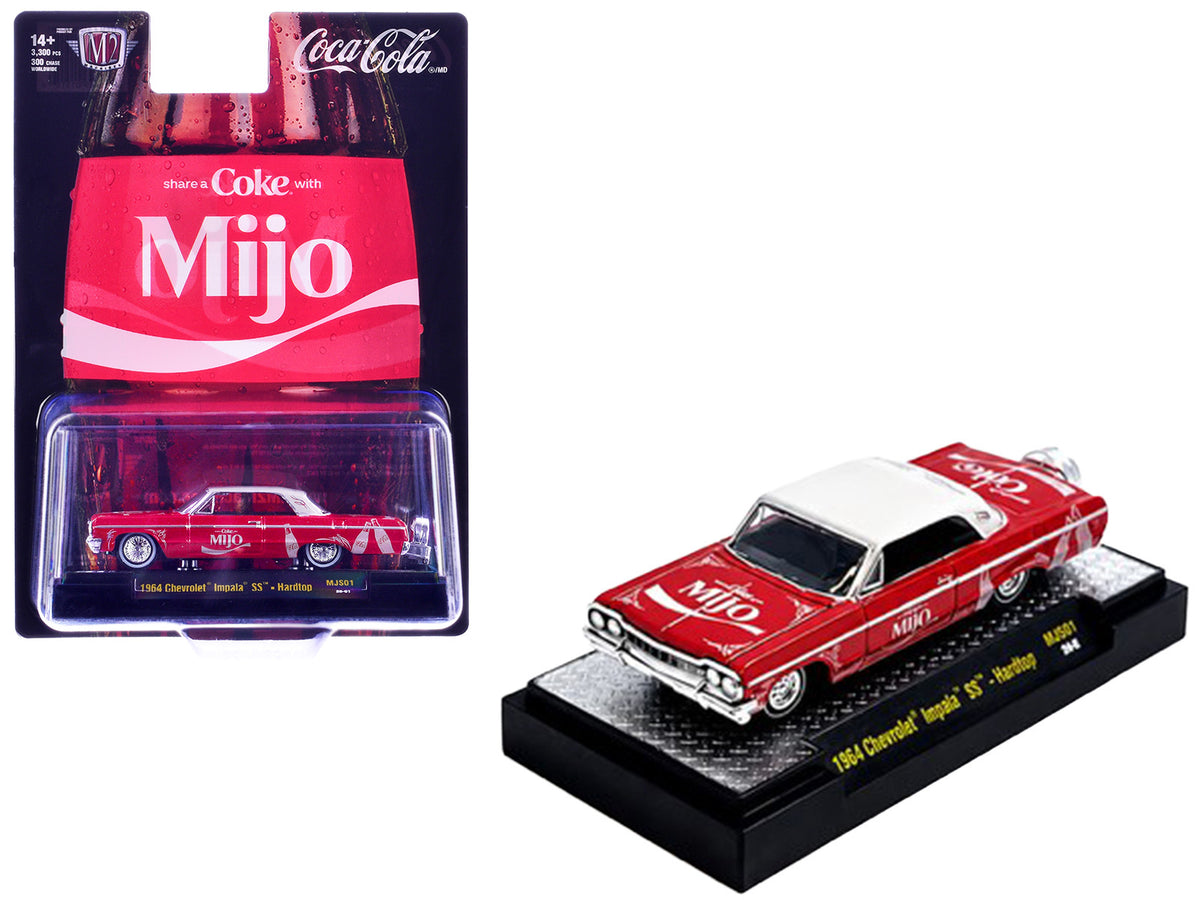 1964 Chevrolet Impala SS Lowrider "Coca Cola" Red with White Top and Graphics Limited Edition to 9340 pieces Worldwide 1/64 Diecast Model Car by M2 Machines