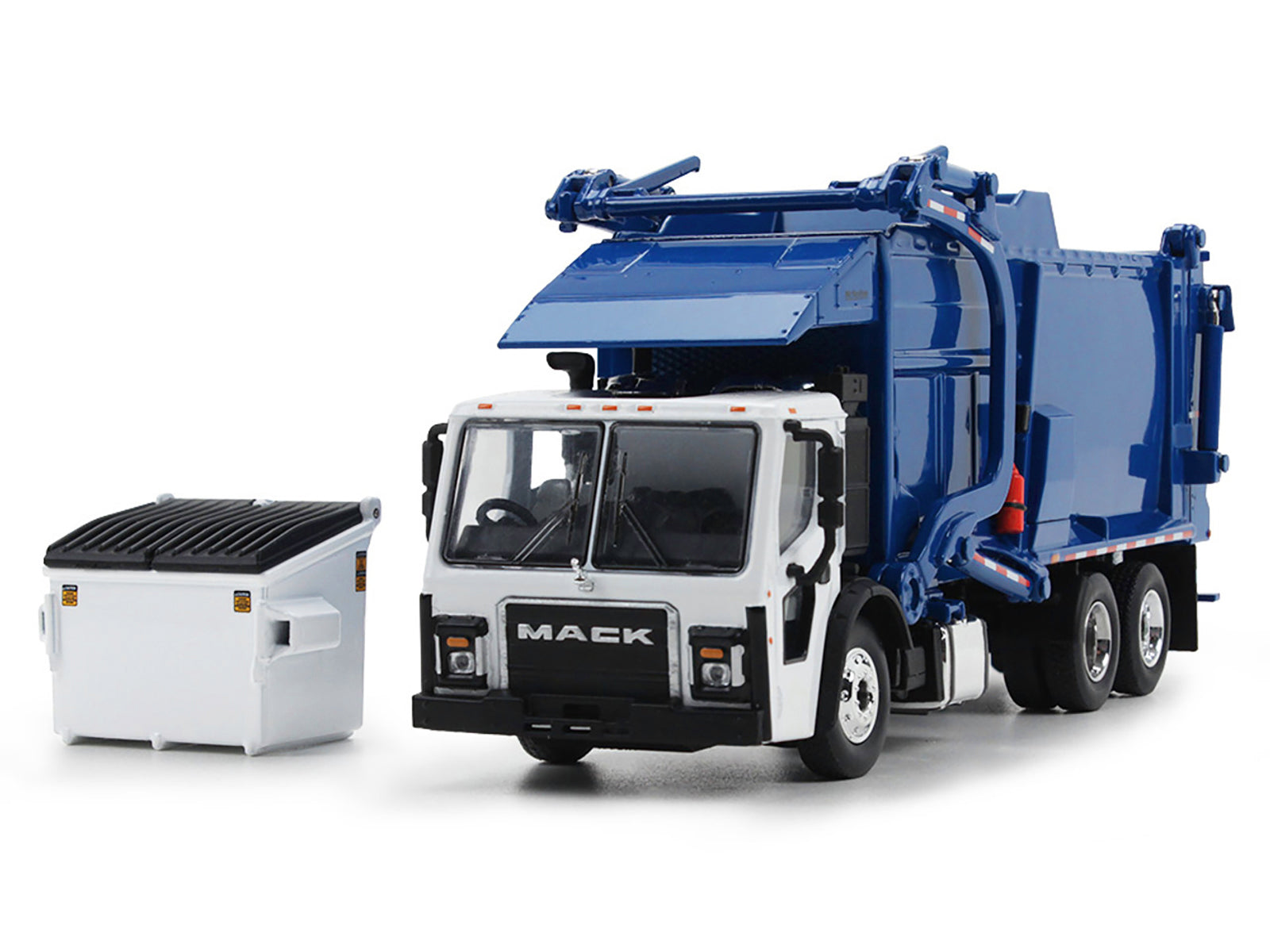 Mack LR Refuse Garbage Truck with McNeilus Meridian Front Loader White and Blue with Trash Bin 1/64 Diecast Model by DCP/First Gear - image 2
