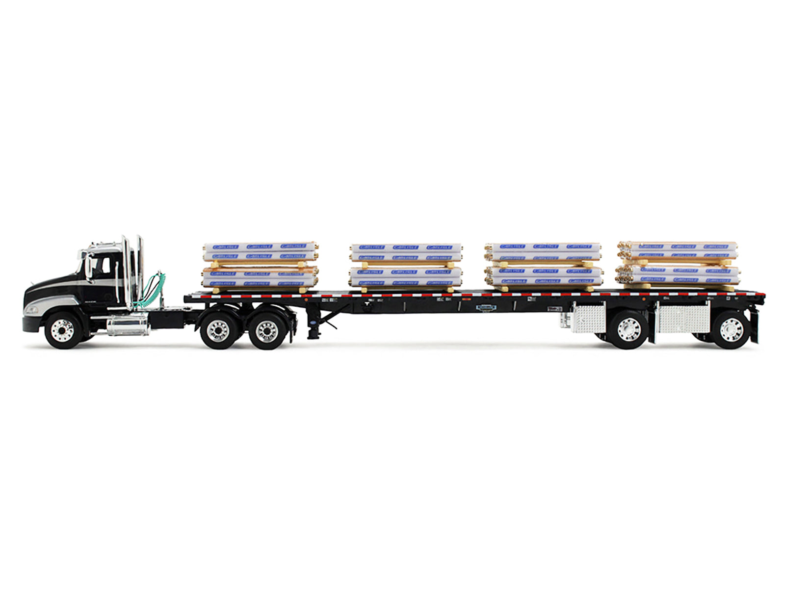 Mack Pinnacle Day Cab with Minimizer Parts & 53' Wilson Roadbrute Flatbed Trailer with "Carlisle Roofing" Loaded Pallets Black with Silver Top and Stripes 1/64 Diecast Model by DCP/First Gear - image 2
