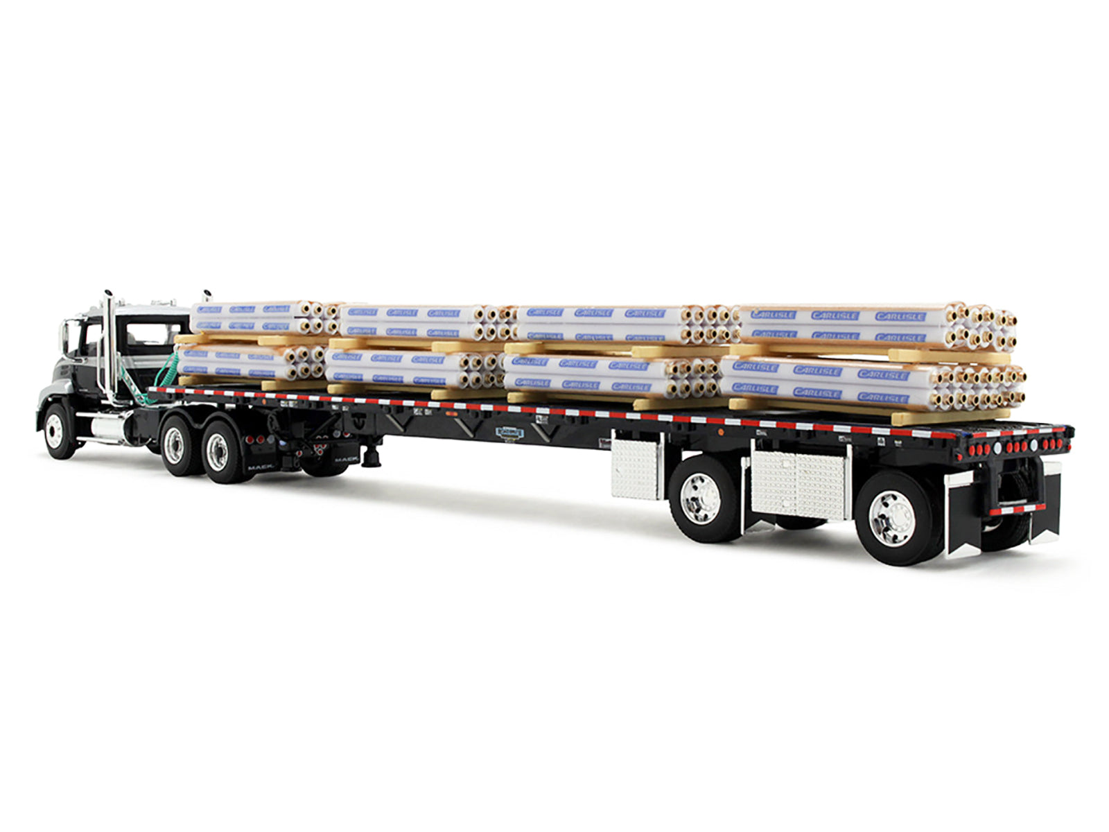 Mack Pinnacle Day Cab with Minimizer Parts & 53' Wilson Roadbrute Flatbed Trailer with "Carlisle Roofing" Loaded Pallets Black with Silver Top and Stripes 1/64 Diecast Model by DCP/First Gear - image 3
