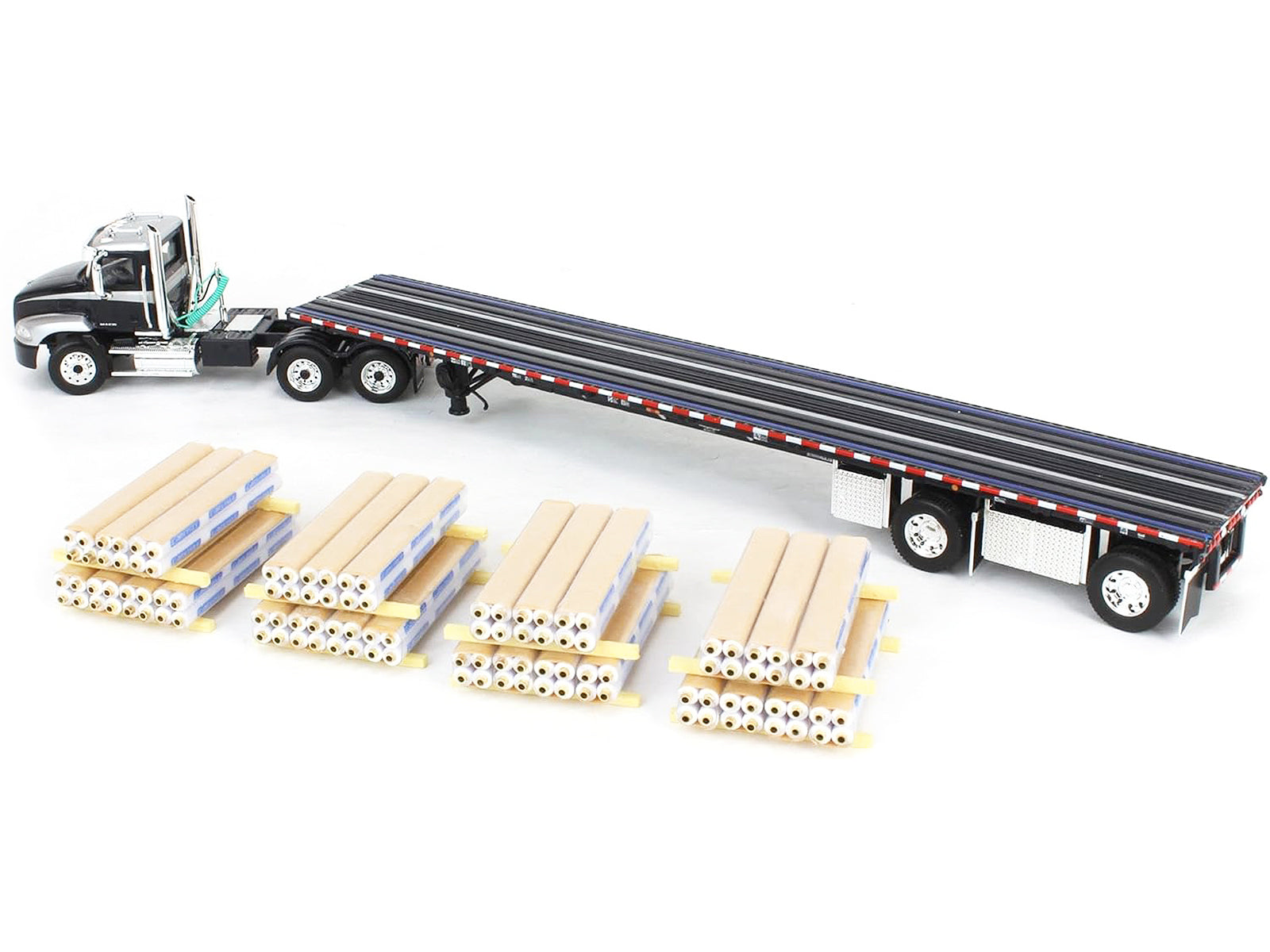 Mack Pinnacle Day Cab with Minimizer Parts & 53' Wilson Roadbrute Flatbed Trailer with "Carlisle Roofing" Loaded Pallets Black with Silver Top and Stripes 1/64 Diecast Model by DCP/First Gear - image 4