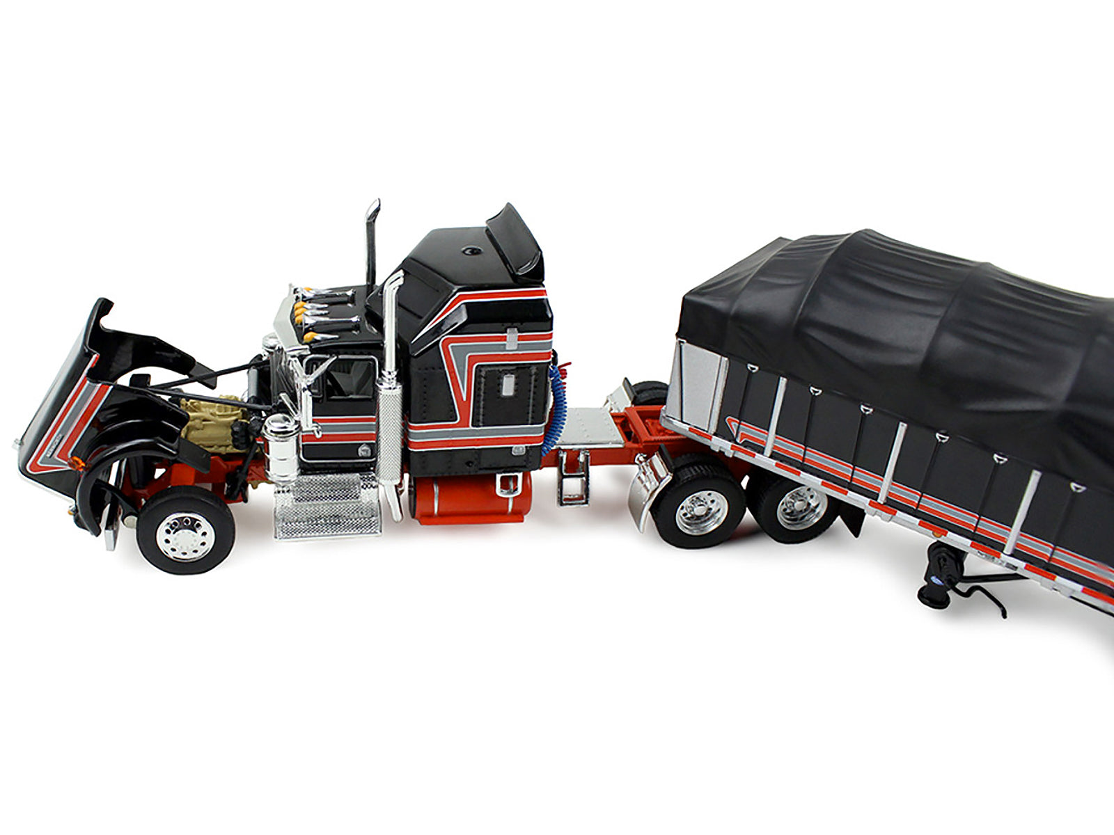 Kenworth W900A with 60" Aerodyne Sleeper and 53’ Wilson Roadbrute Flatbed Trailer with Covered Wagon Black with Red Stripes 1/64 Diecast Model by DCP/First Gear - image 2