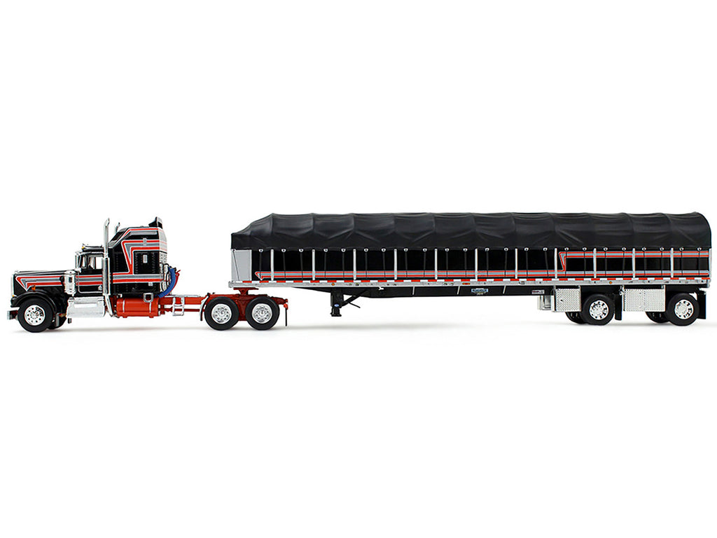Kenworth W900A with 60" Aerodyne Sleeper and 53’ Wilson Roadbrute Flatbed Trailer with Covered Wagon Black with Red Stripes 1/64 Diecast Model by DCP/First Gear - image 3