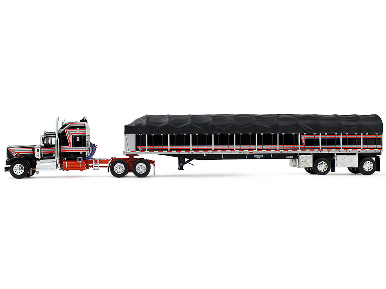 Kenworth W900A with 60" Aerodyne Sleeper and 53’ Wilson Roadbrute Flatbed Trailer with Covered Wagon Black with Red Stripes 1/64 Diecast Model by DCP/First Gear - image 3