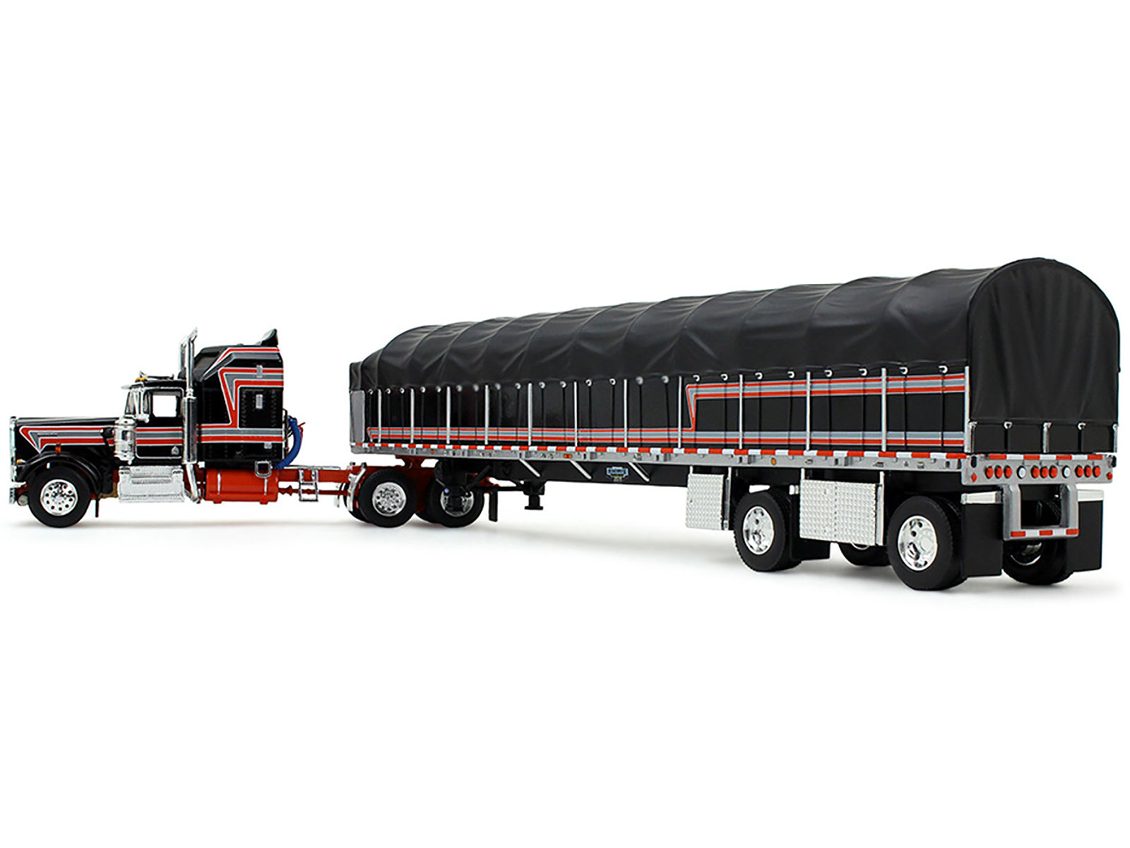 Kenworth W900A with 60" Aerodyne Sleeper and 53’ Wilson Roadbrute Flatbed Trailer with Covered Wagon Black with Red Stripes 1/64 Diecast Model by DCP/First Gear - image 4
