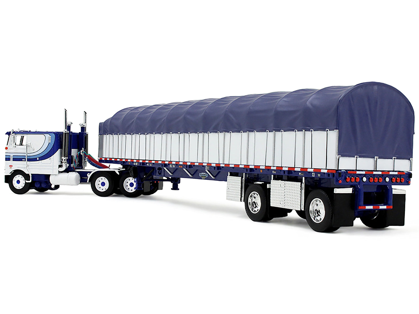 Peterbilt 352 COE 110" Sleeper and 53’ Wilson Roadbrute Flatbed Trailer with Covered Wagon White with Blue Stripes 1/64 Diecast Model by DCP/First Gear - image 4