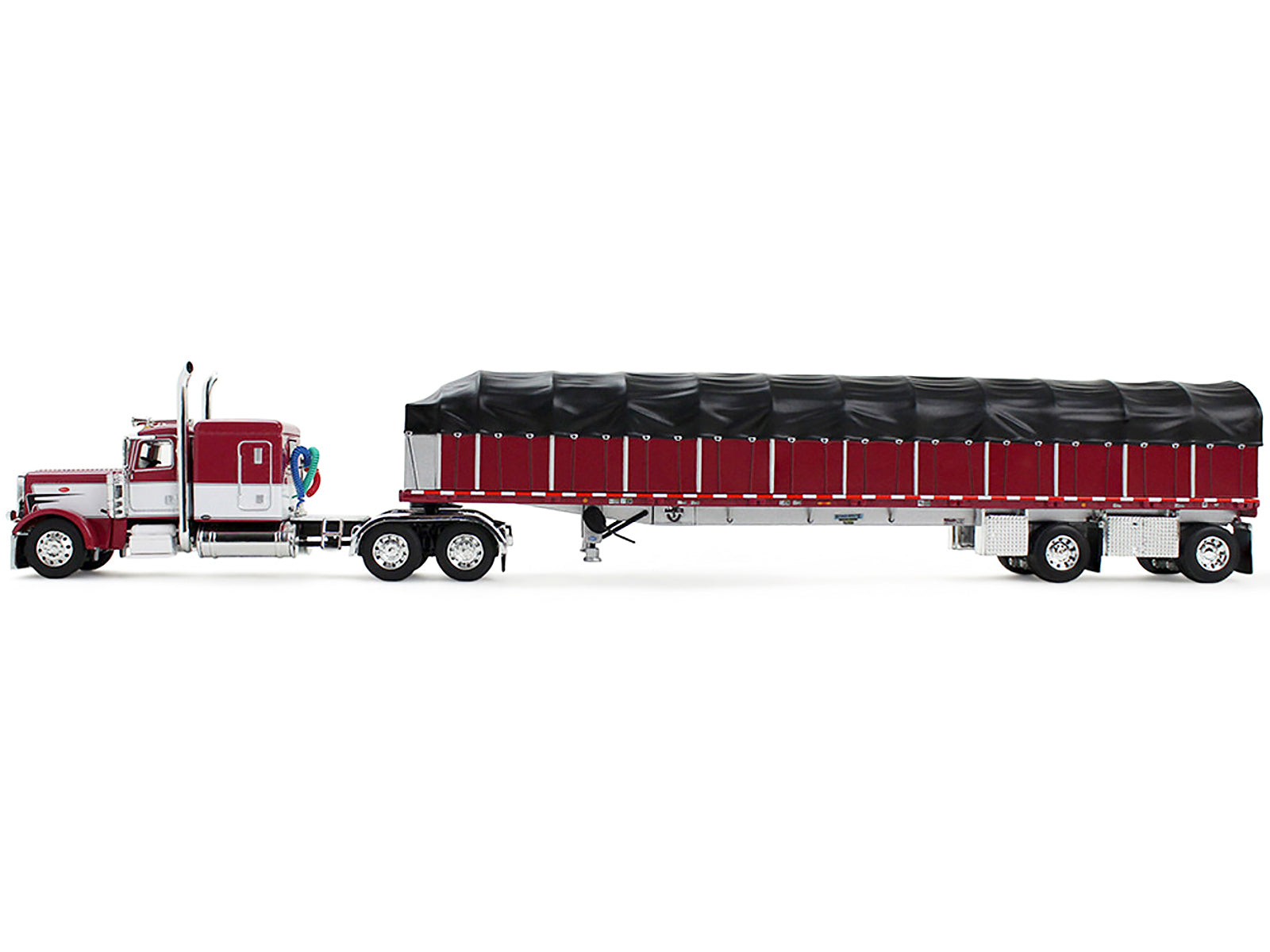 Peterbilt 389 with 63" Flat Top Sleeper and 53’ Wilson Roadbrute Flatbed Trailer with Covered Wagon Maroon with White Stripes 1/64 Diecast Model by DCP/First Gear - image 2
