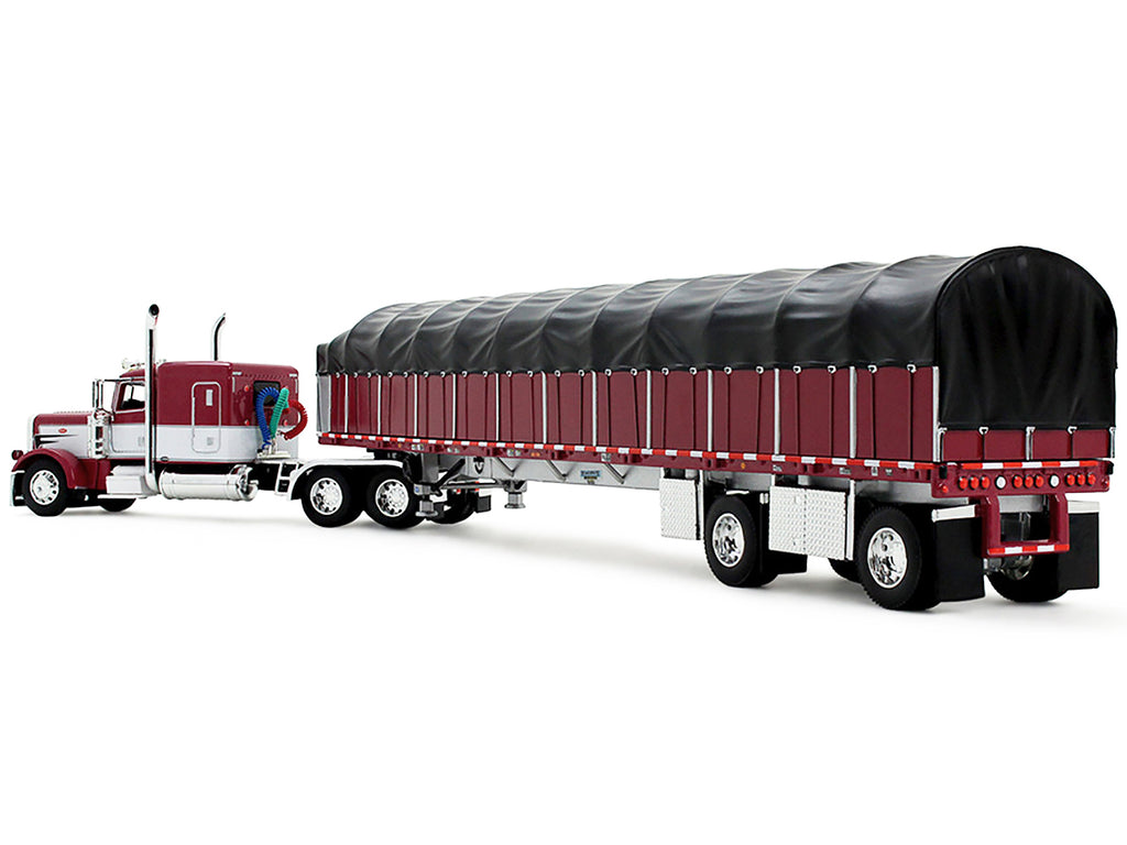 Peterbilt 389 with 63" Flat Top Sleeper and 53’ Wilson Roadbrute Flatbed Trailer with Covered Wagon Maroon with White Stripes 1/64 Diecast Model by DCP/First Gear - image 3