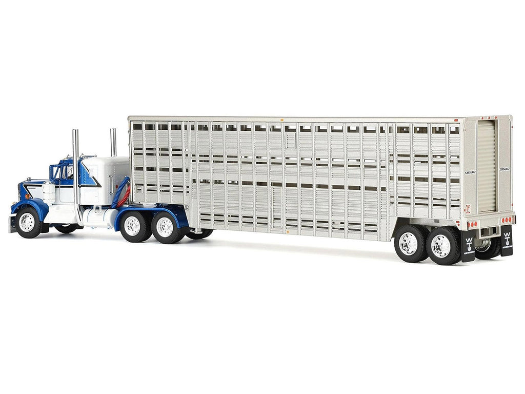Kenworth W900A with 36" Sleeper and 45' Wilson Vintage Livestock Trailer Mariner Blue and White with Silver Trailer 1/64 Diecast Model by DCP/First Gear - image 3