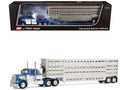 Kenworth W900A with 36" Sleeper and 45' Wilson Vintage Livestock Trailer Mariner Blue and White with Silver Trailer 1/64 Diecast Model by DCP/First Gear