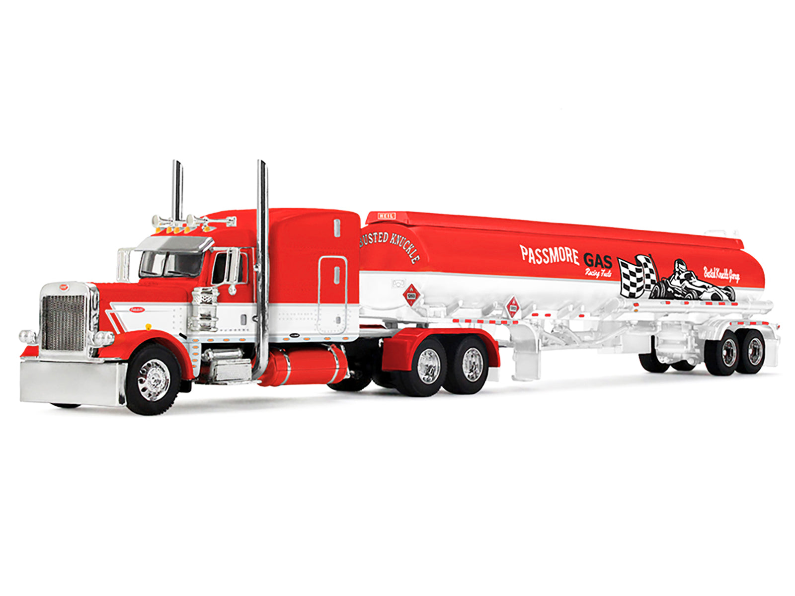 Peterbilt 389 with 63" Mid-Roof Sleeper and Heil Fuel Tank Trailer "Busted Knuckle Garage" Red and White 1/64 Diecast Model by DCP/First Gear - image 2