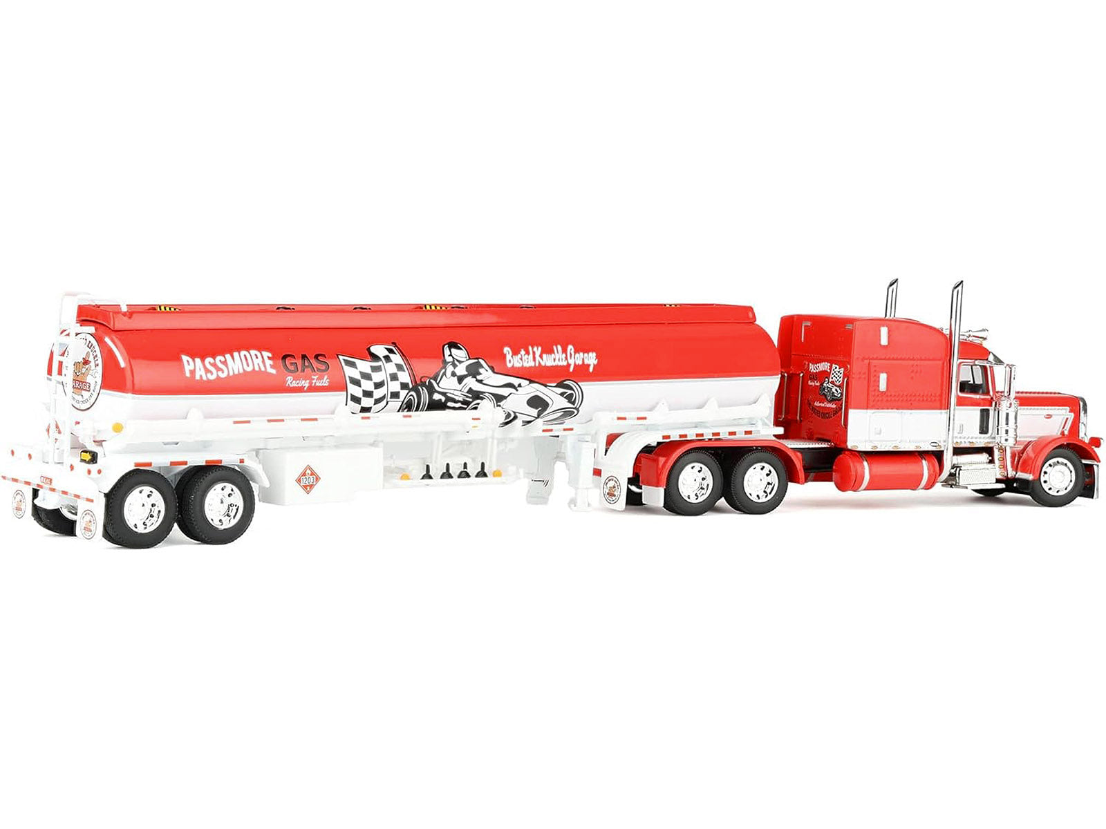 Peterbilt 389 with 63" Mid-Roof Sleeper and Heil Fuel Tank Trailer "Busted Knuckle Garage" Red and White 1/64 Diecast Model by DCP/First Gear - image 4