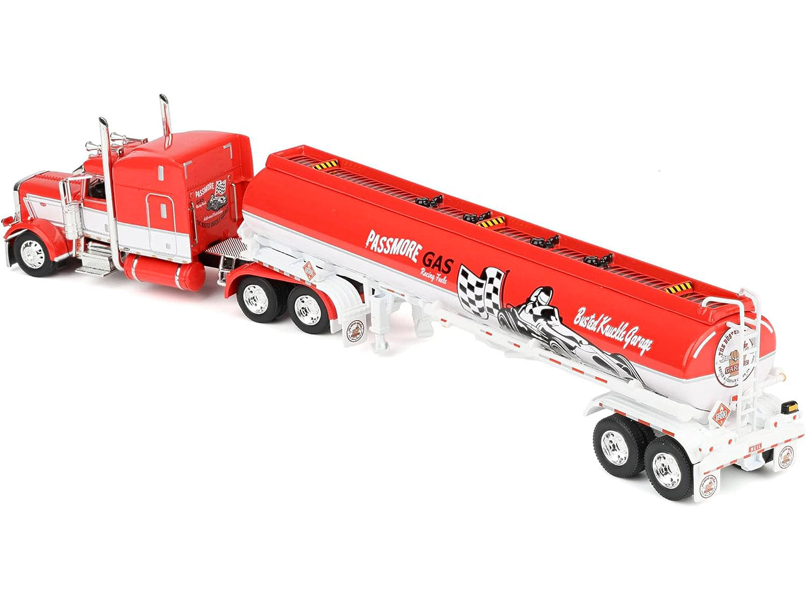 Peterbilt 389 with 63" Mid-Roof Sleeper and Heil Fuel Tank Trailer "Busted Knuckle Garage" Red and White 1/64 Diecast Model by DCP/First Gear - image 5