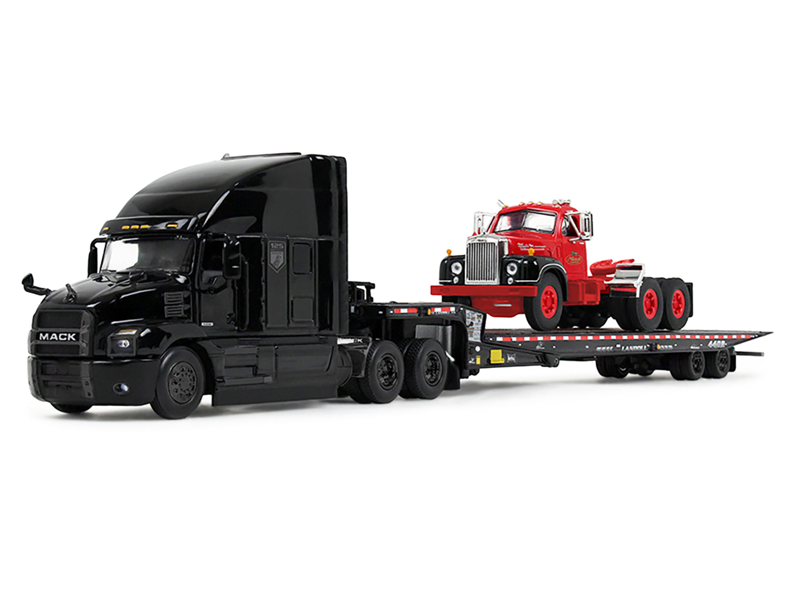 Mack Anthem Sleeper and Landoll 440B-50CA Traveling Axle Trailer Black with Mack B-61 Day Cab Load Red "Mack Anniversary" 1/64 Diecast Model by DCP/First Gear - image 2