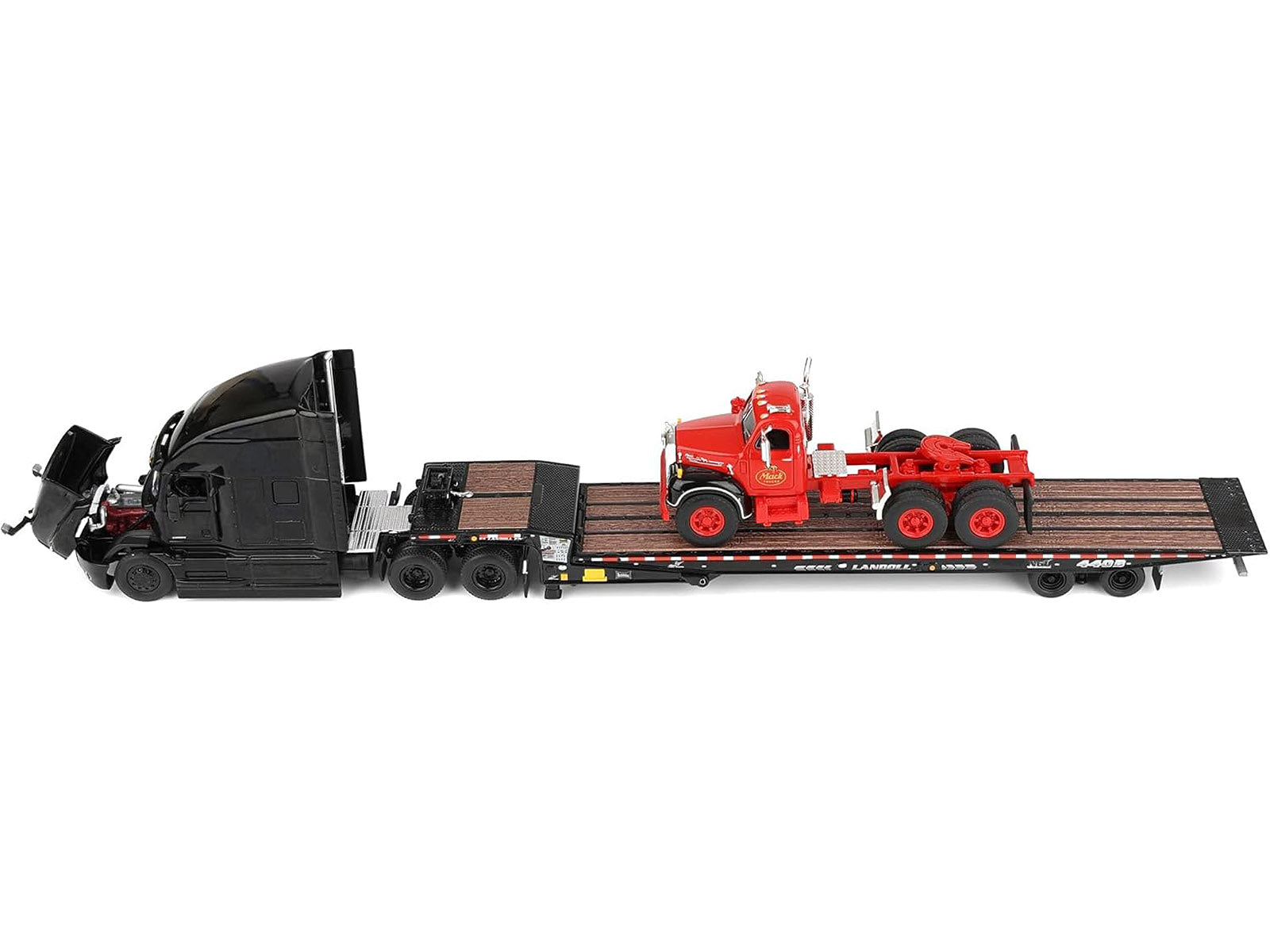Mack Anthem Sleeper and Landoll 440B-50CA Traveling Axle Trailer Black with Mack B-61 Day Cab Load Red "Mack Anniversary" 1/64 Diecast Model by DCP/First Gear - image 3