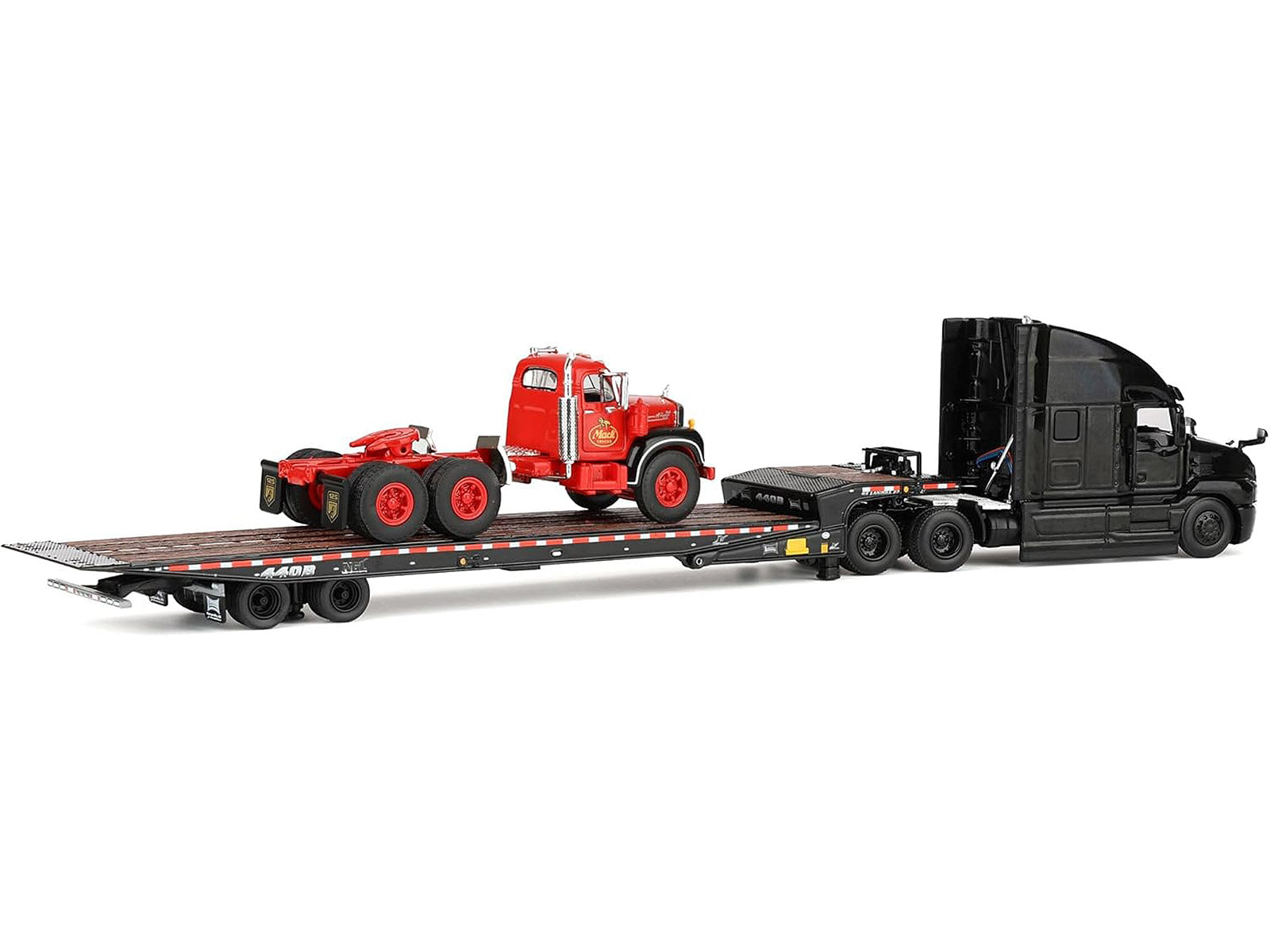 Mack Anthem Sleeper and Landoll 440B-50CA Traveling Axle Trailer Black with Mack B-61 Day Cab Load Red "Mack Anniversary" 1/64 Diecast Model by DCP/First Gear - image 4