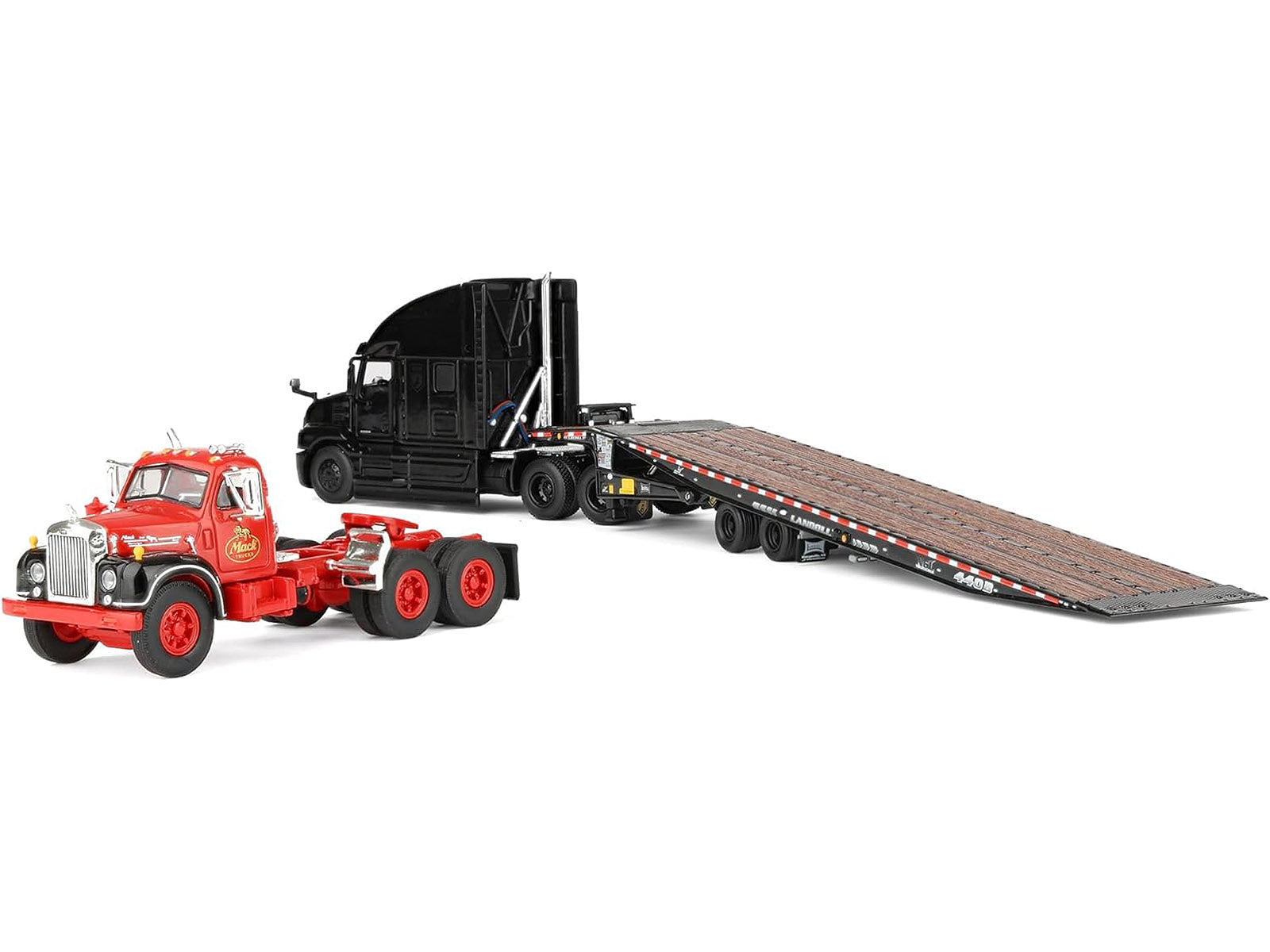 Mack Anthem Sleeper and Landoll 440B-50CA Traveling Axle Trailer Black with Mack B-61 Day Cab Load Red "Mack Anniversary" 1/64 Diecast Model by DCP/First Gear - image 5