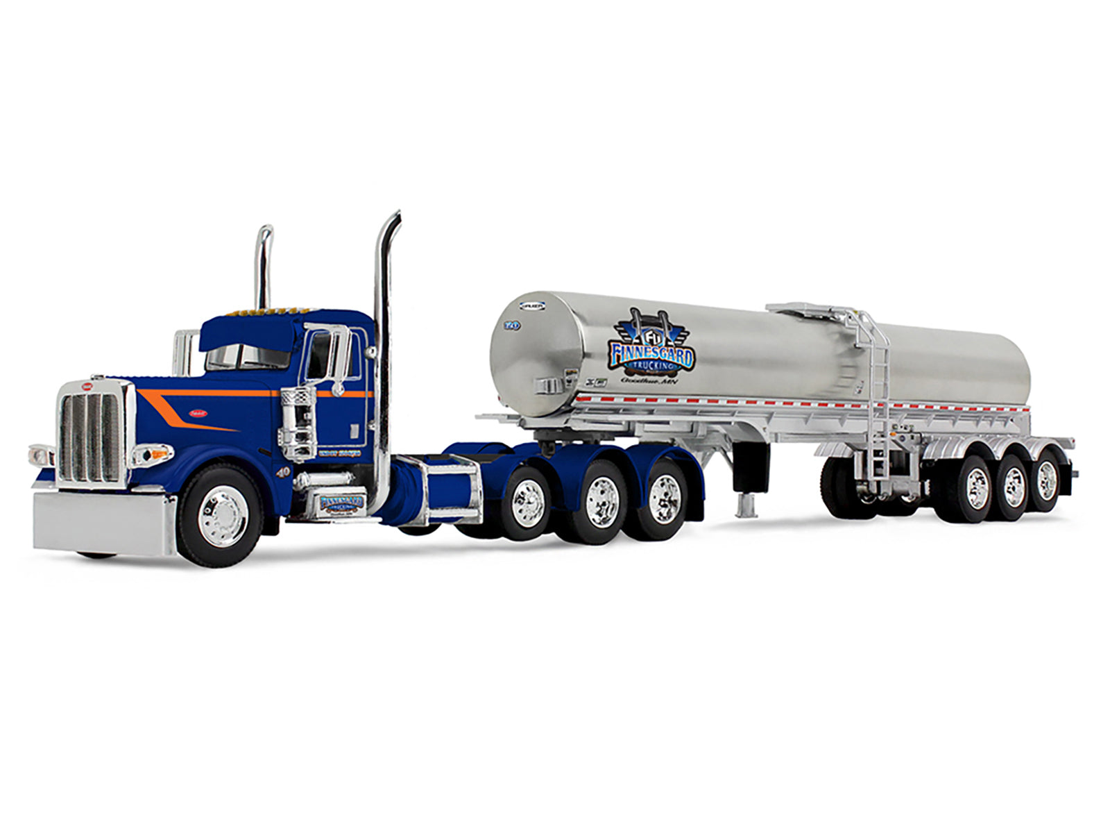 Peterbilt 389 Tri-Axle Day Cab and Walker Food Grade Tank Trailer "Finnesgard Trucking" Blue with Orange Stripes 1/64 Diecast Model by DCP/First Gear - image 2