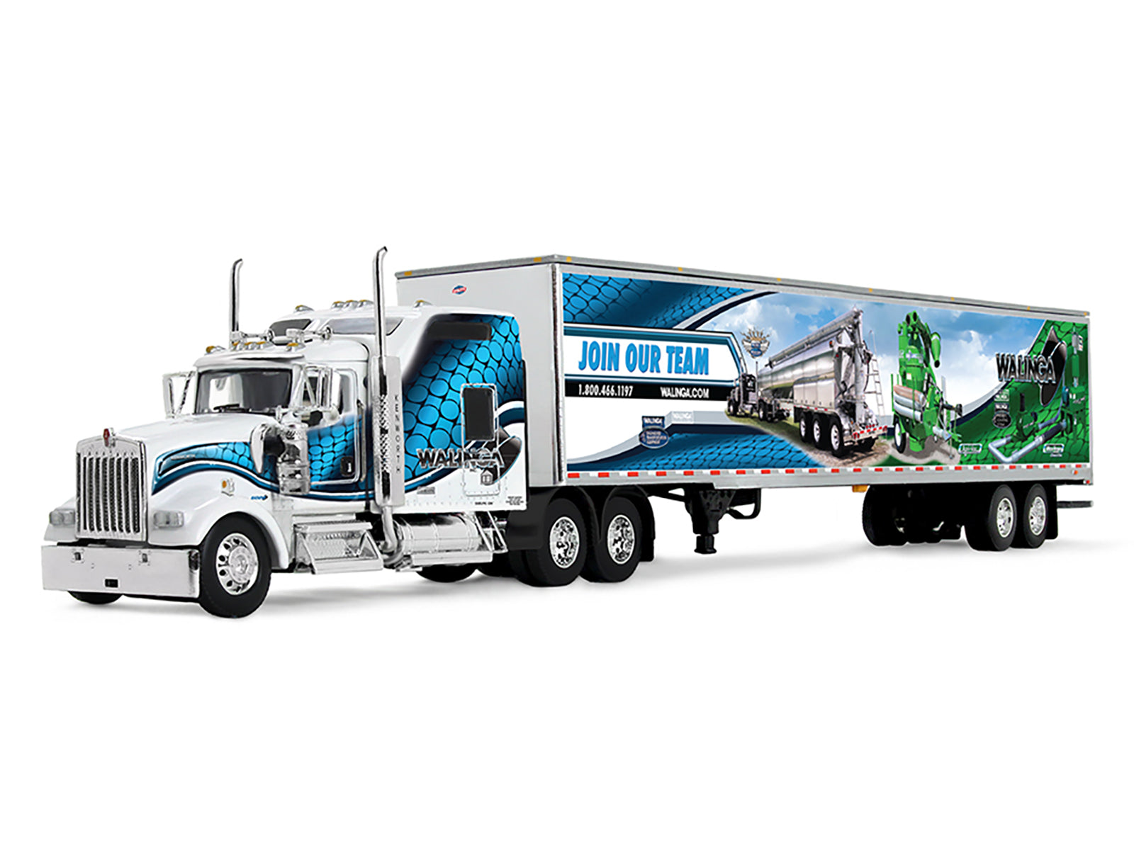 Kenworth W900L with 86" Studio Sleeper and 53' Utility Trailer with Skirts "Walinga" White with Blue Graphics 1/64 Diecast Model by DCP/First Gear - image 2