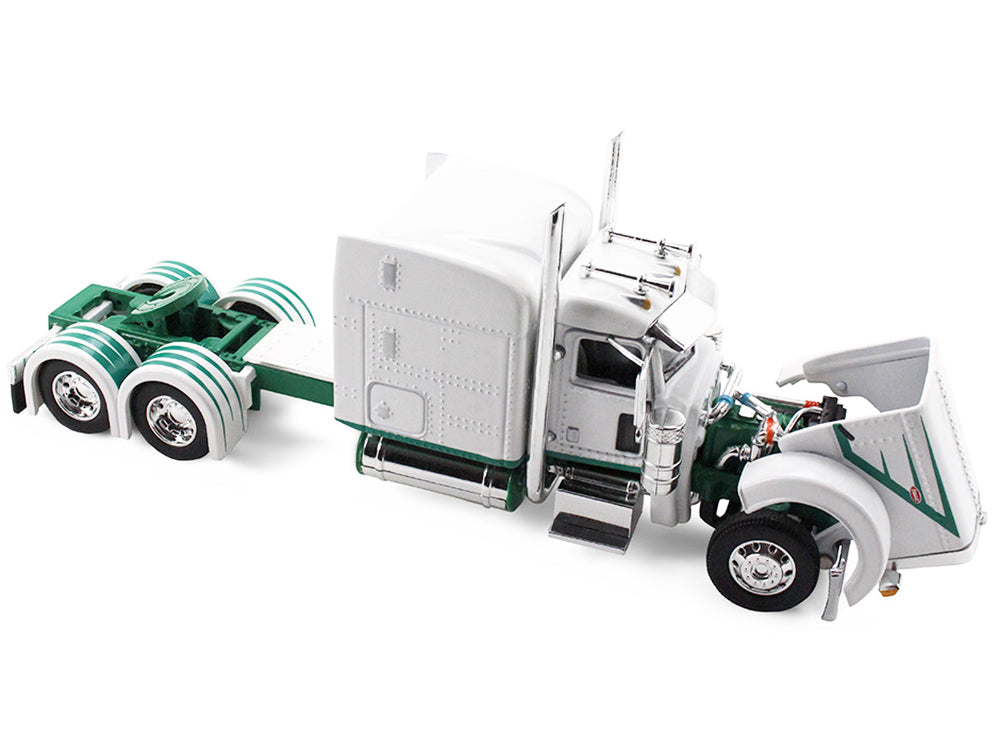 Peterbilt 389 with 63" Mid-Roof Sleeper and 53' Utility Trailer White with Green Stripes 1/64 Diecast Model by DCP/First Gear
