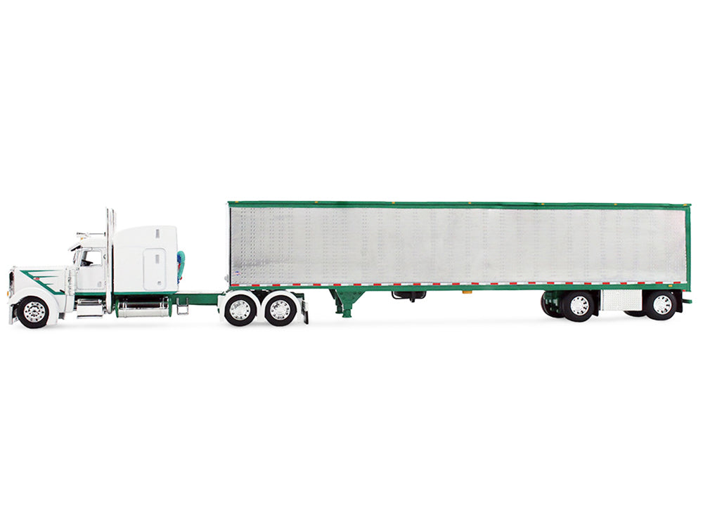 Peterbilt 389 with 63" Mid-Roof Sleeper and 53' Utility Trailer White with Green Stripes 1/64 Diecast Model by DCP/First Gear