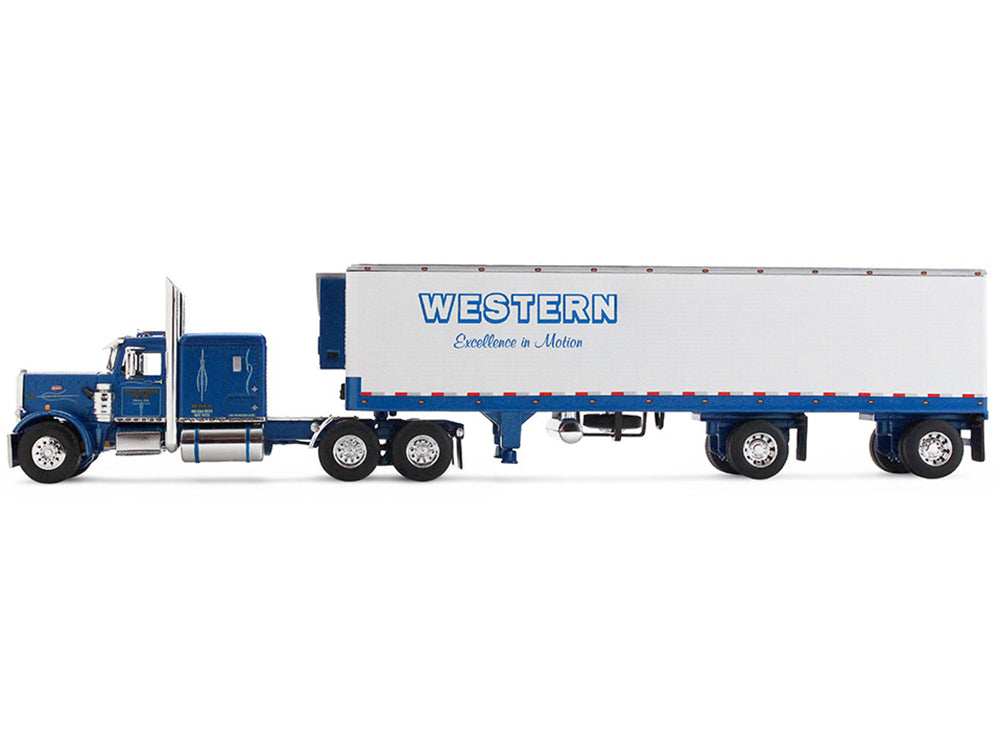 Peterbilt 351 with 63" Flat Top Sleeper and 40' Vintage Trailer with Reefer "Western Distributing" Blue Metallic and White 1/64 Diecast Model by DCP/First Gear
