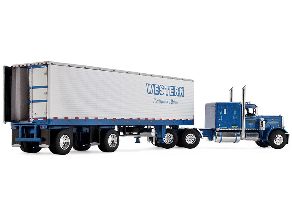 Peterbilt 351 with 63" Flat Top Sleeper and 40' Vintage Trailer with Reefer "Western Distributing" Blue Metallic and White 1/64 Diecast Model by DCP/First Gear