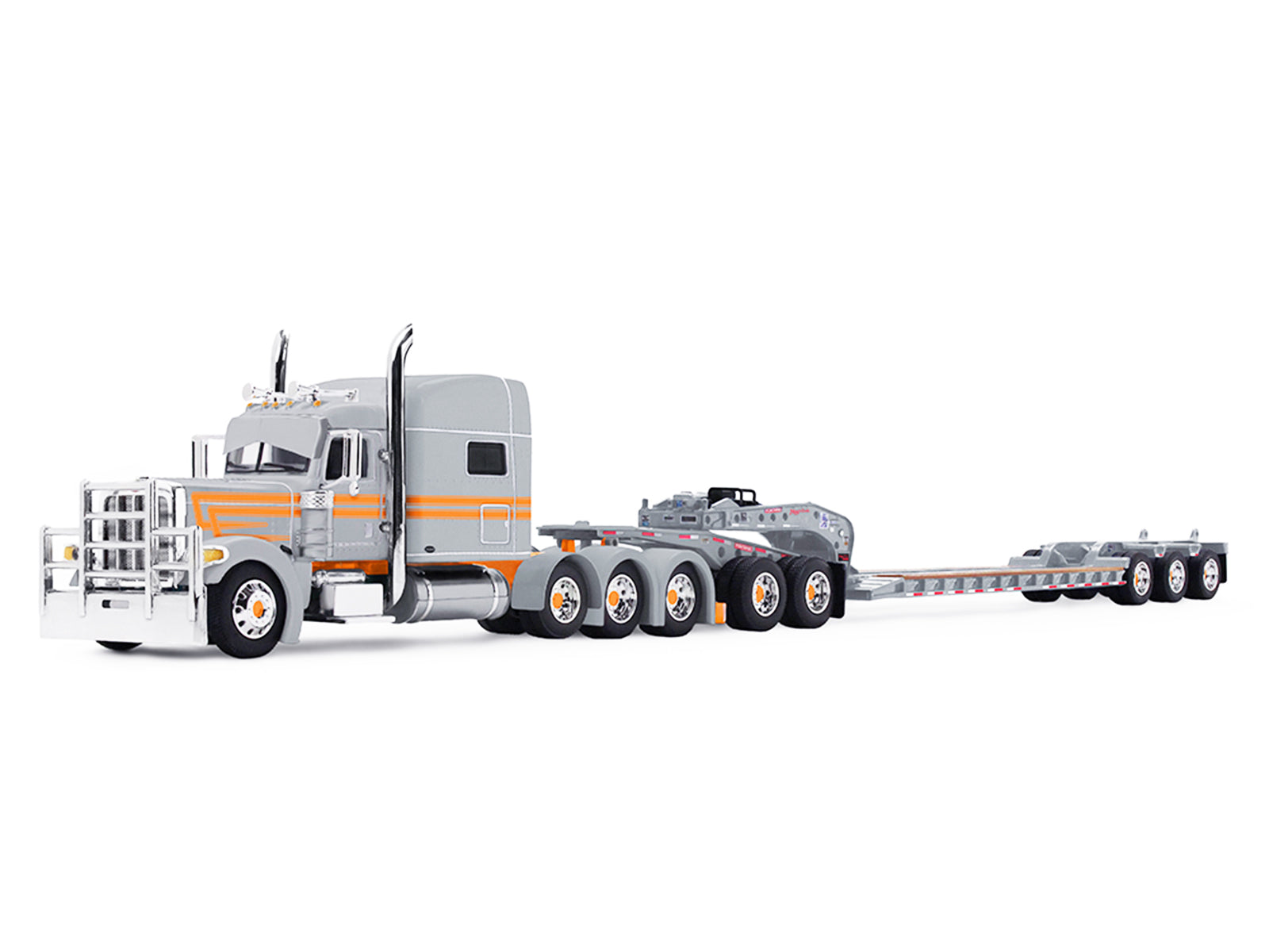 Peterbilt 389 with 70" Mid-Roof Sleeper and Fontaine Magnitude Tri-Axle Lowboy Trailer with Jeep "Capitola Trucking" Gray with Orange Stripes 1/64 Diecast Model by DCP/First Gear - image 2