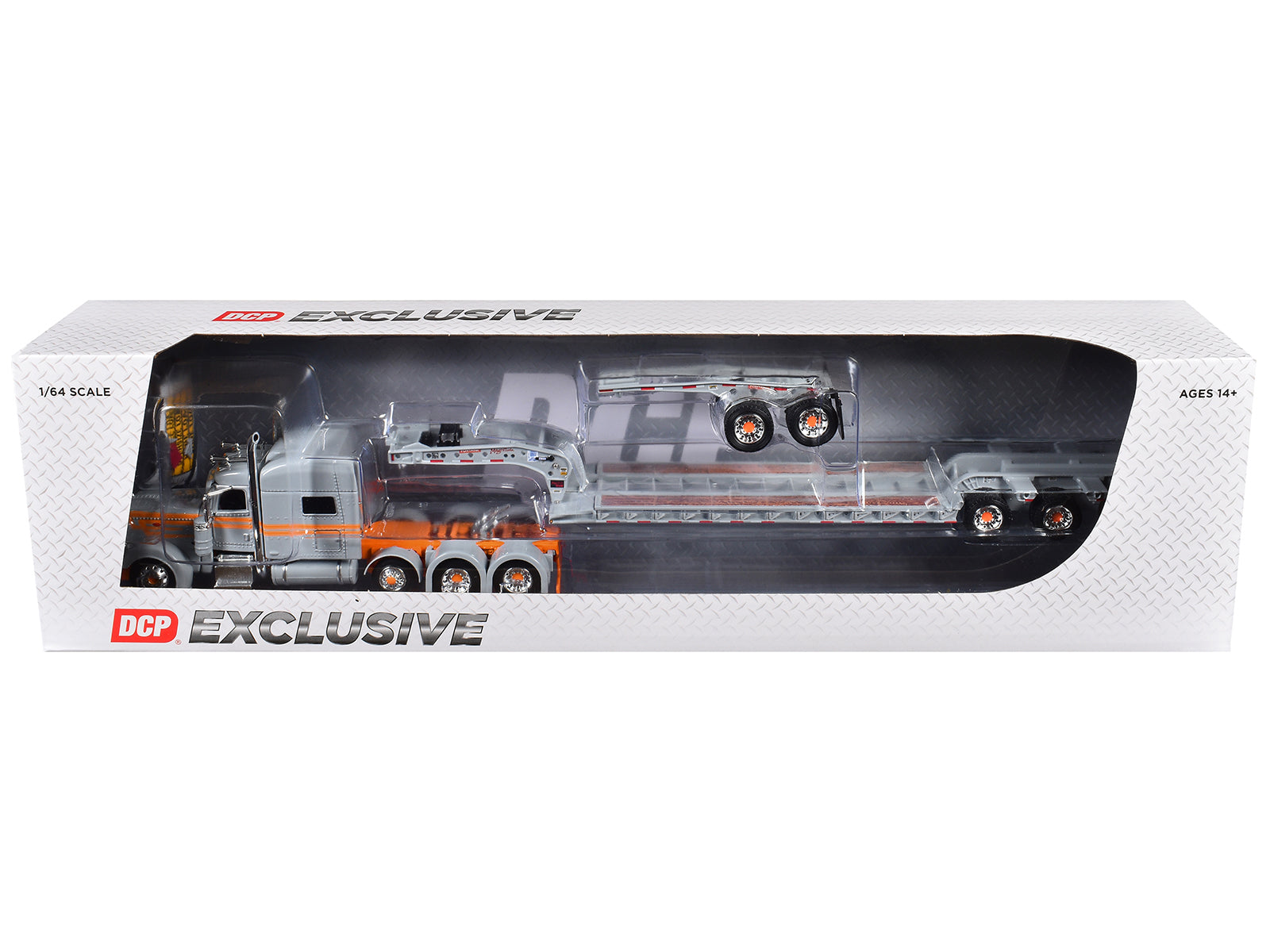 Peterbilt 389 with 70" Mid-Roof Sleeper and Fontaine Magnitude Tri-Axle Lowboy Trailer with Jeep "Capitola Trucking" Gray with Orange Stripes 1/64 Diecast Model by DCP/First Gear - image 3