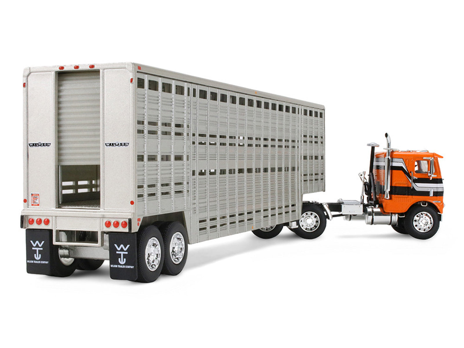 Freightliner COE and 45' Wilson Vintage Livestock Trailer Orange with Stripes 1/64 Diecast Model by DCP/First Gear - image 4