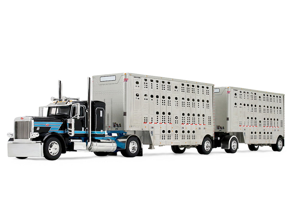Peterbilt 389 36" Flat Top Sleeper with 28' Wilson Silverstar Double Livestock Trailers Black/Cyan 1/64 by First Gear