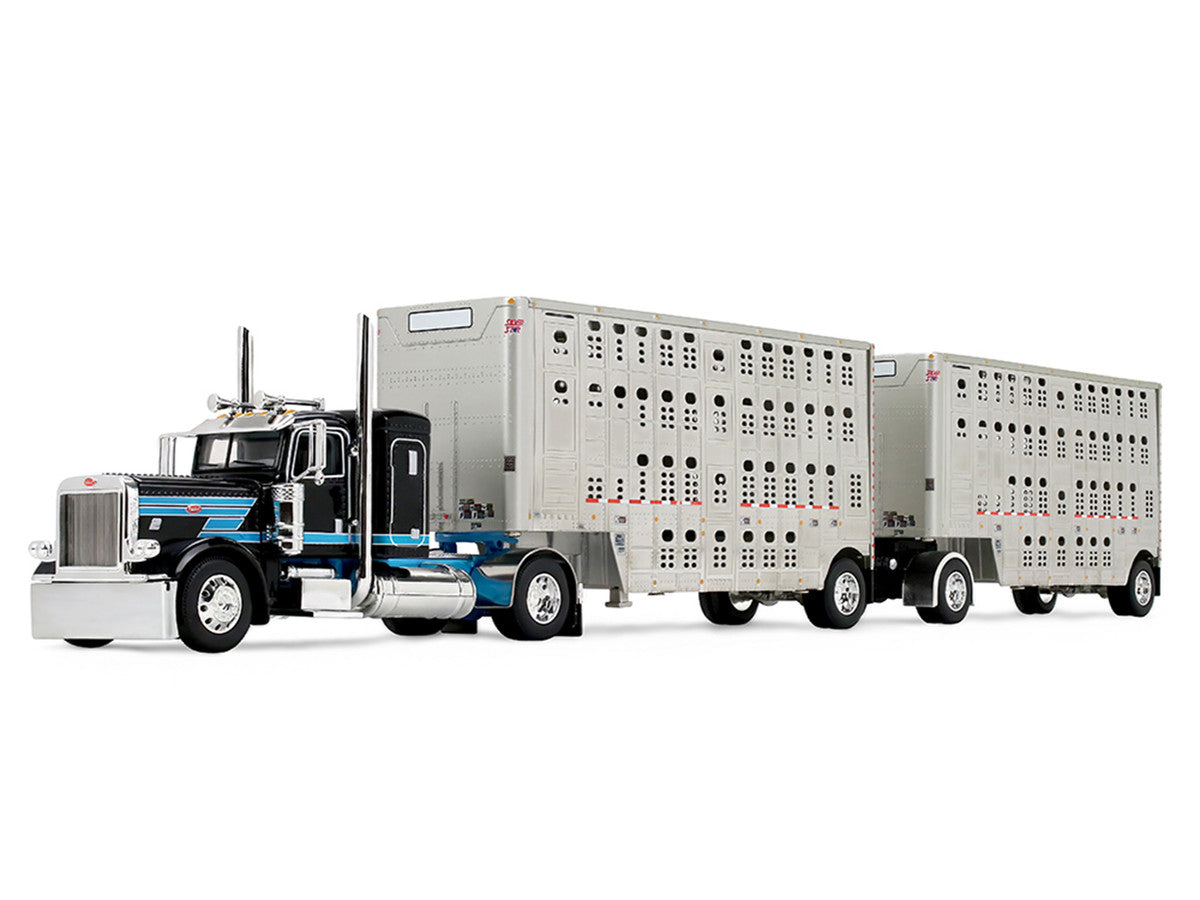 Peterbilt 389 36" Flat Top Sleeper with 28' Wilson Silverstar Double Livestock Trailers Black/Cyan 1/64 by First Gear