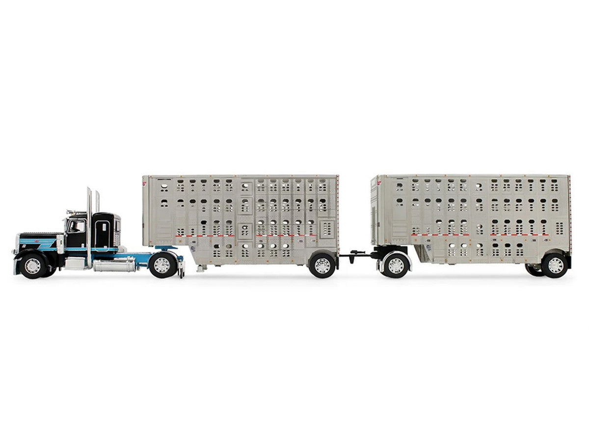 Peterbilt 389 36" Flat Top Sleeper with 28' Wilson Silverstar Double Livestock Trailers Black/Cyan 1/64 by First Gear