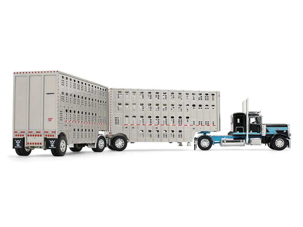 Peterbilt 389 36" Flat Top Sleeper with 28' Wilson Silverstar Double Livestock Trailers Black/Cyan 1/64 by First Gear