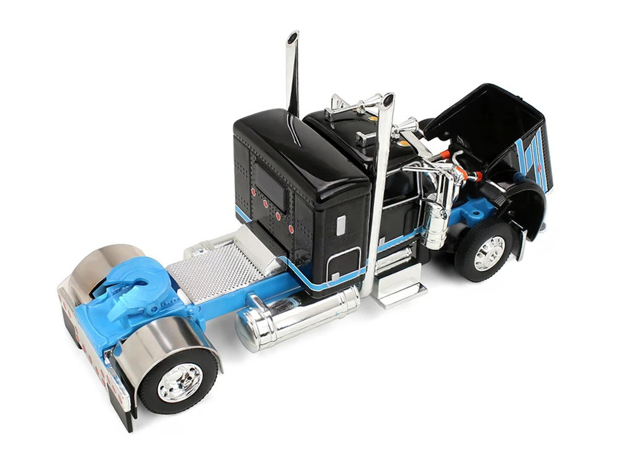 Peterbilt 389 36" Flat Top Sleeper with 28' Wilson Silverstar Double Livestock Trailers Black/Cyan 1/64 by First Gear