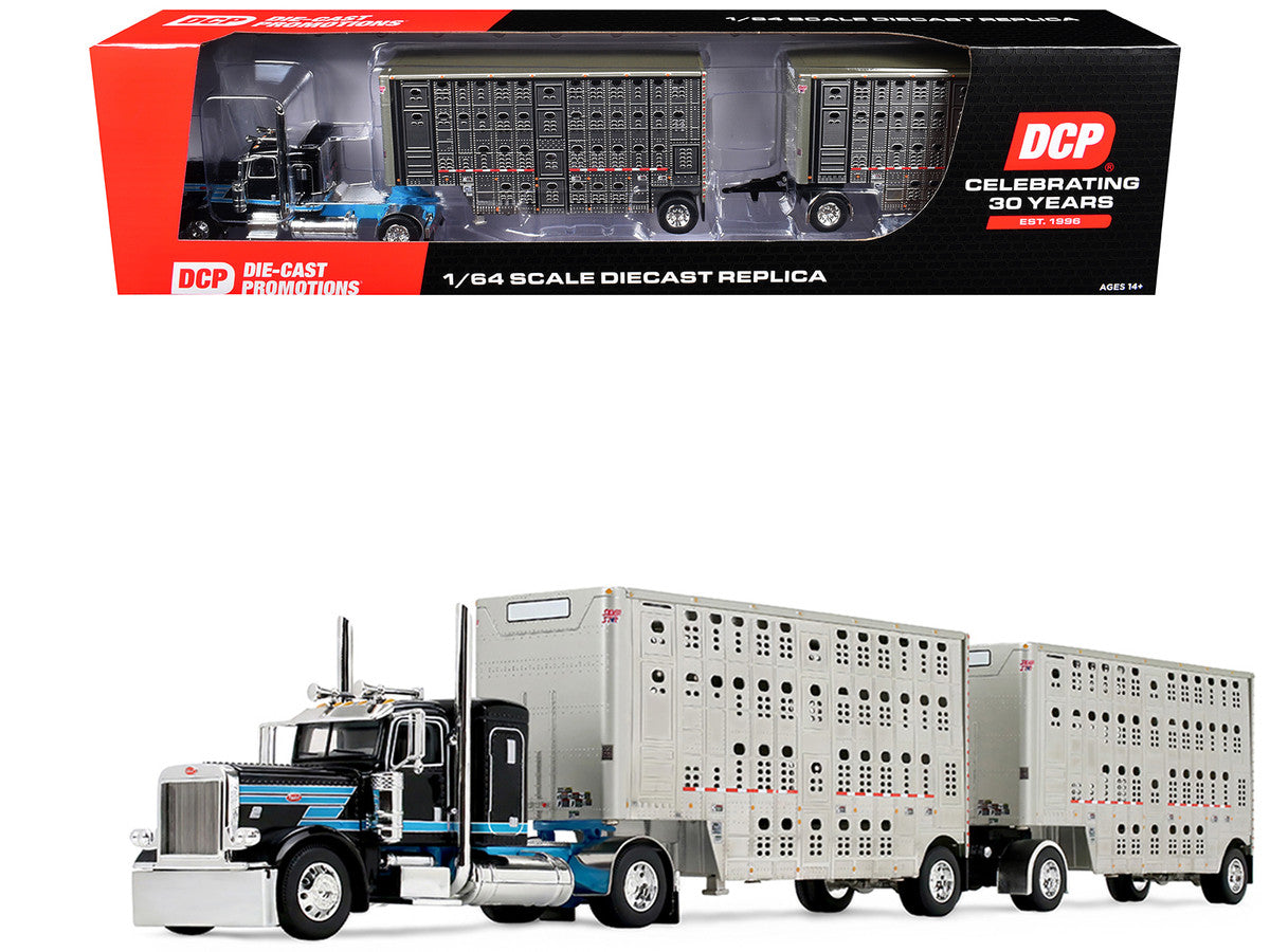 Peterbilt 389 36" Flat Top Sleeper with 28' Wilson Silverstar Double Livestock Trailers Black/Cyan 1/64 by First Gear