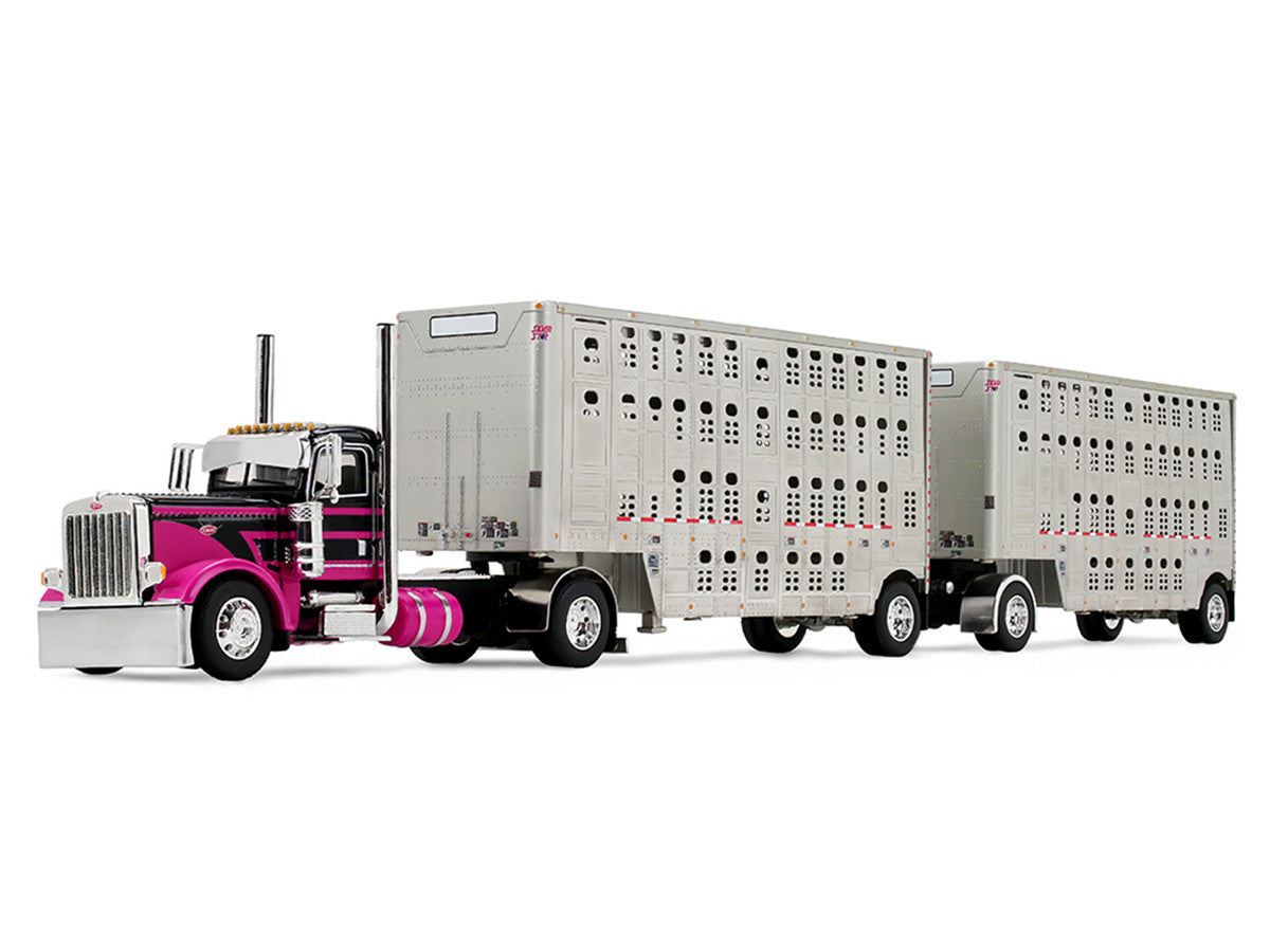 Peterbilt 389 Day Cab with 28' Wilson Silverstar Double Livestock Trailers Black/Magenta 1/64 by First Gear