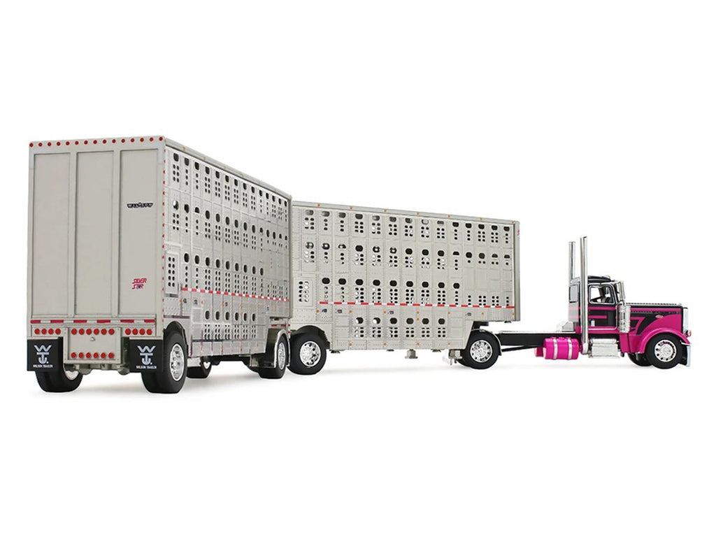 Peterbilt 389 Day Cab with 28' Wilson Silverstar Double Livestock Trailers Black/Magenta 1/64 by First Gear