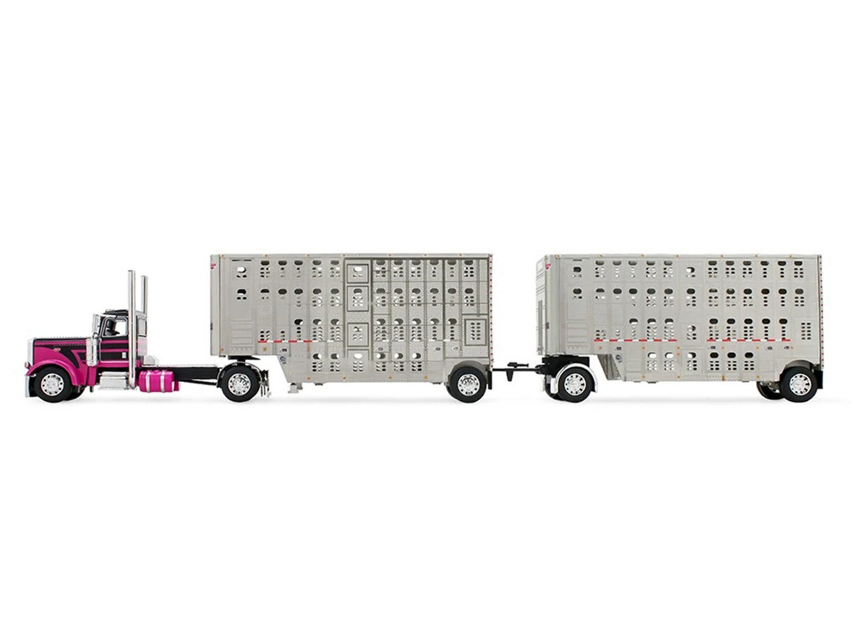 Peterbilt 389 Day Cab with 28' Wilson Silverstar Double Livestock Trailers Black/Magenta 1/64 by First Gear