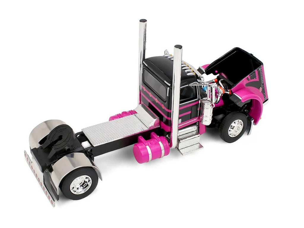 Peterbilt 389 Day Cab with 28' Wilson Silverstar Double Livestock Trailers Black/Magenta 1/64 by First Gear