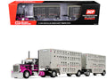 Peterbilt 389 Day Cab with 28' Wilson Silverstar Double Livestock Trailers Black/Magenta 1/64 by First Gear