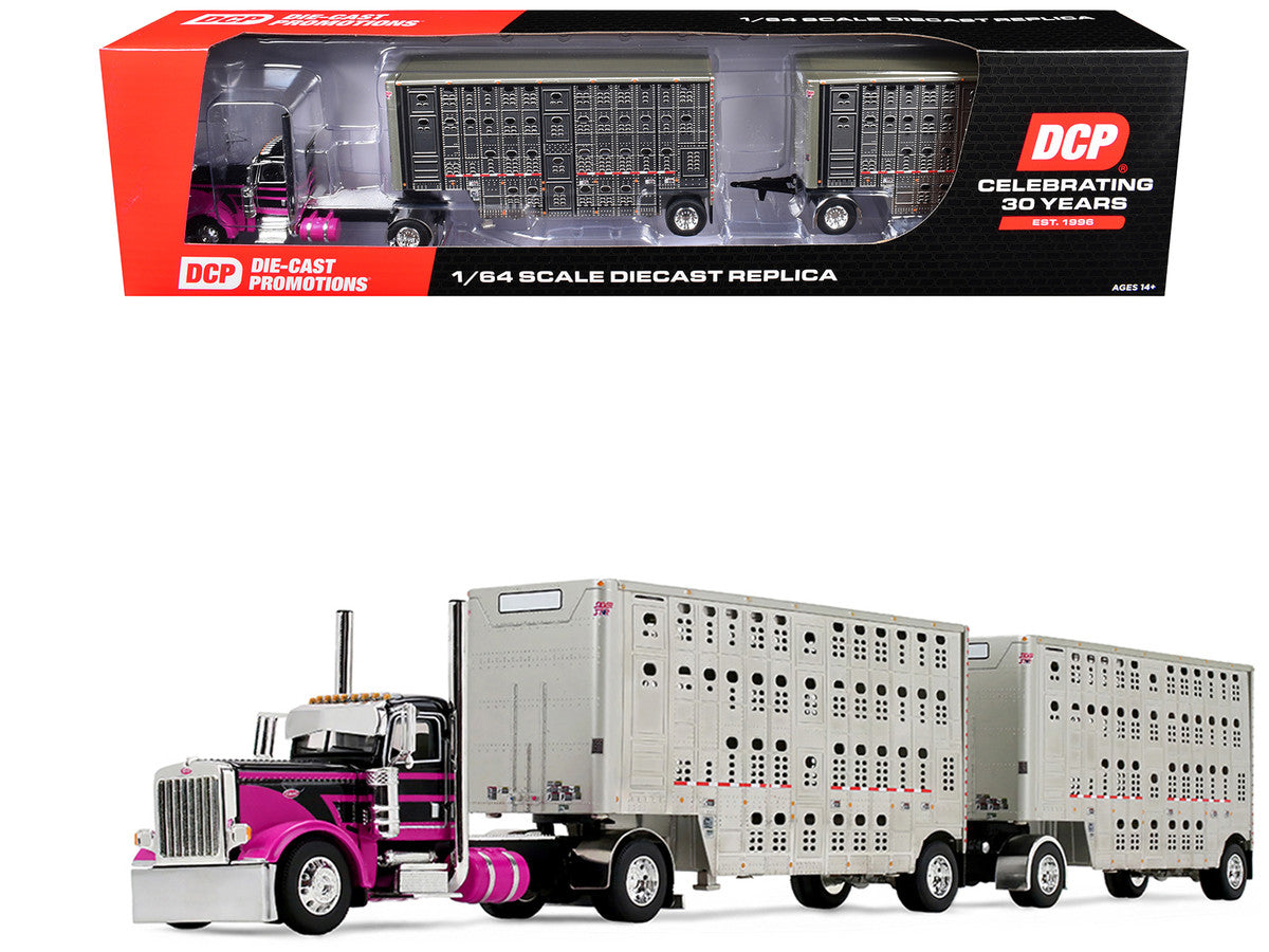 Peterbilt 389 Day Cab with 28' Wilson Silverstar Double Livestock Trailers Black/Magenta 1/64 by First Gear