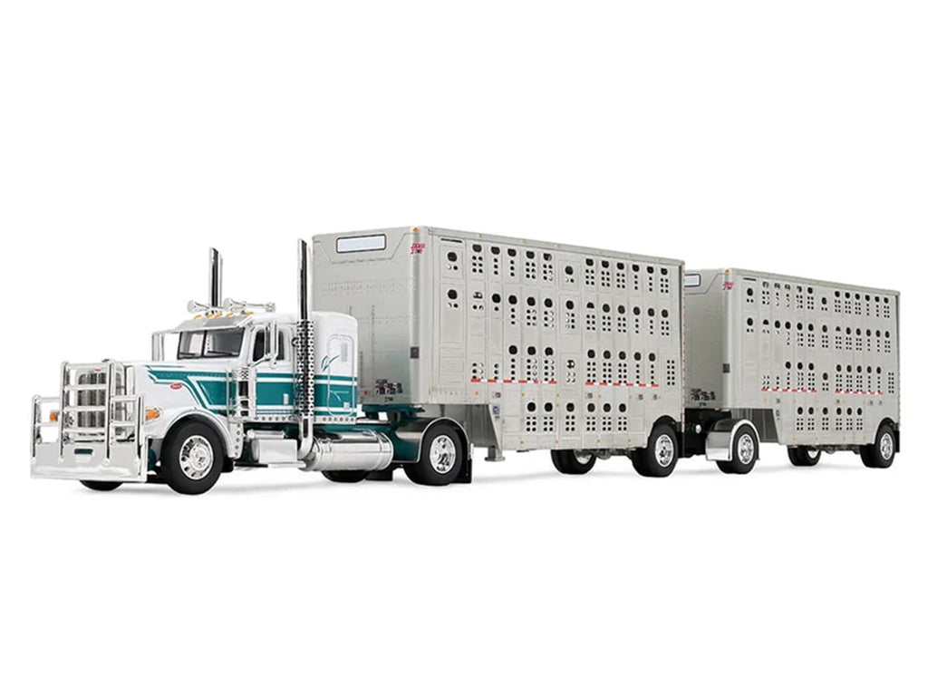 Peterbilt 389 36" Flat Top Sleeper with 28' Wilson Silverstar Double Livestock Trailers White/Dark Teal 1/64 by First Gear