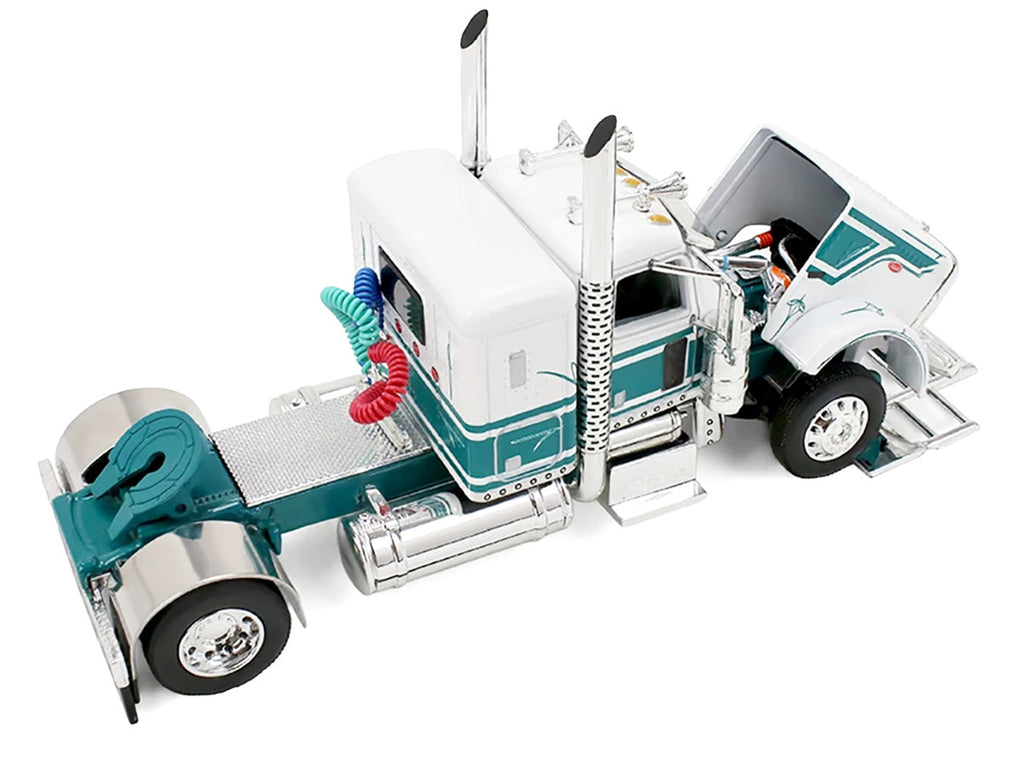 Peterbilt 389 36" Flat Top Sleeper with 28' Wilson Silverstar Double Livestock Trailers White/Dark Teal 1/64 by First Gear