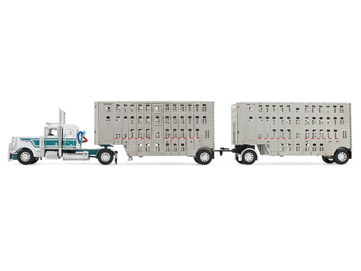 Peterbilt 389 36" Flat Top Sleeper with 28' Wilson Silverstar Double Livestock Trailers White/Dark Teal 1/64 by First Gear