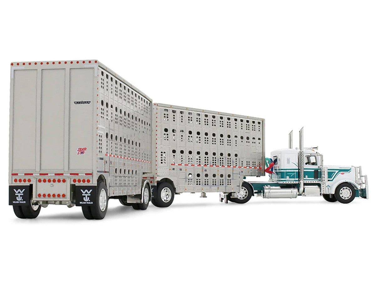 Peterbilt 389 36" Flat Top Sleeper with 28' Wilson Silverstar Double Livestock Trailers White/Dark Teal 1/64 by First Gear