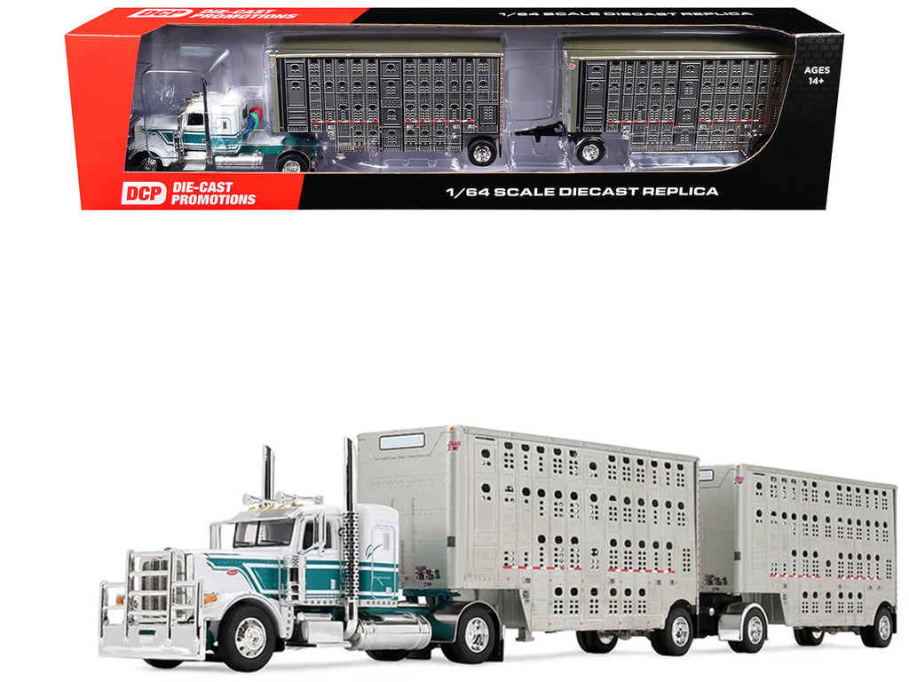 Peterbilt 389 36" Flat Top Sleeper with 28' Wilson Silverstar Double Livestock Trailers White/Dark Teal 1/64 by First Gear