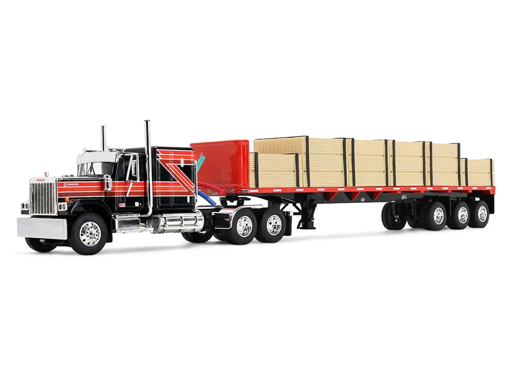 GMC General with 60" Flat Top Sleeper & 48' Utility Flatbed Trailer with Lumber Load Black with Red Stripes 1/64
